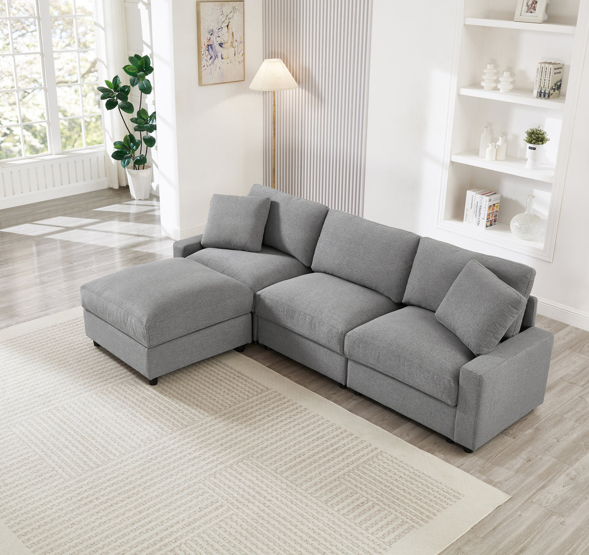 Gray L-Shaped Modular Sectional Couch with Ottoman, 103 in Wide