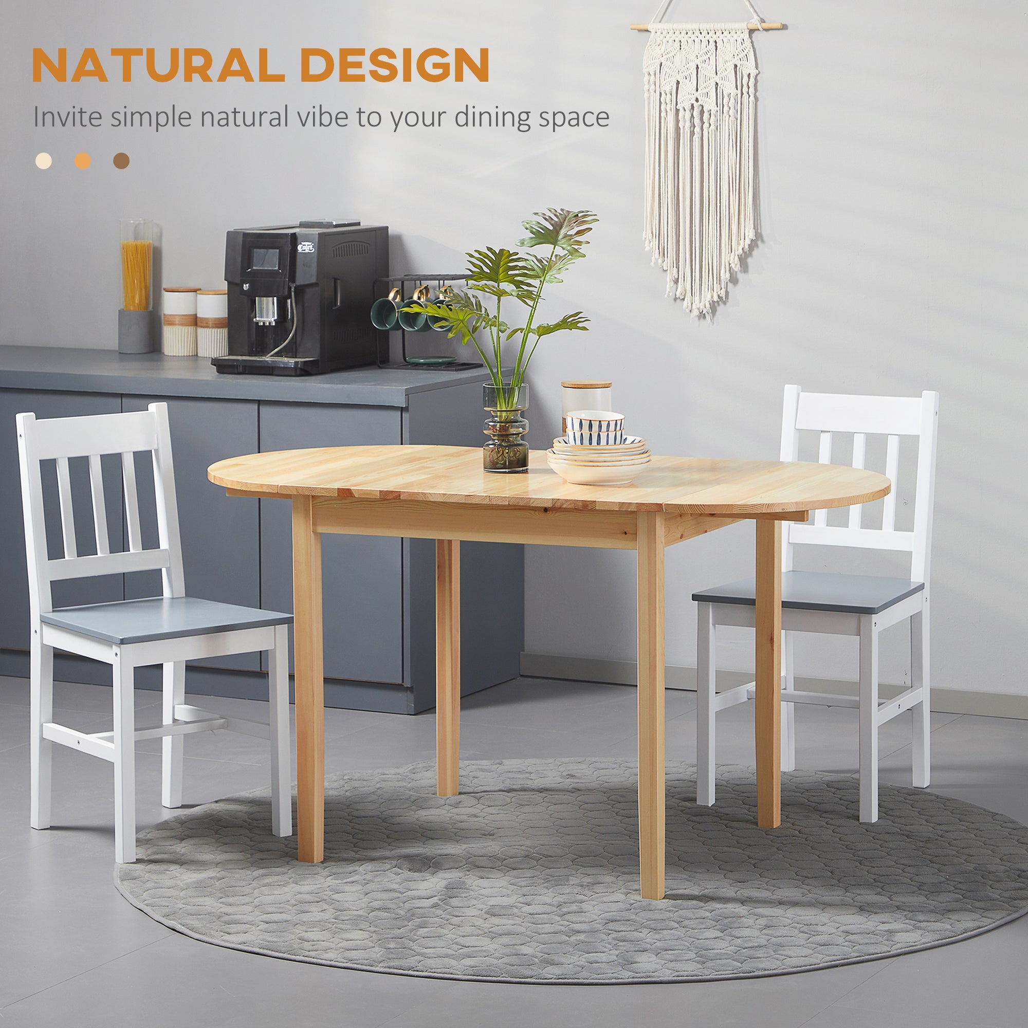Natural pine oval dining table styled in a modern dining nook, feature graphic labeled Natural Design
