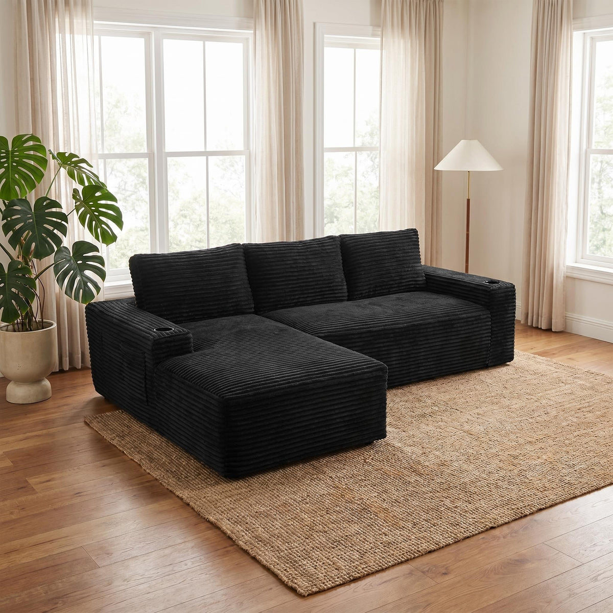 Black Corduroy L-Shaped Modular Sectional, 104.3 in Wide, Left-Facing