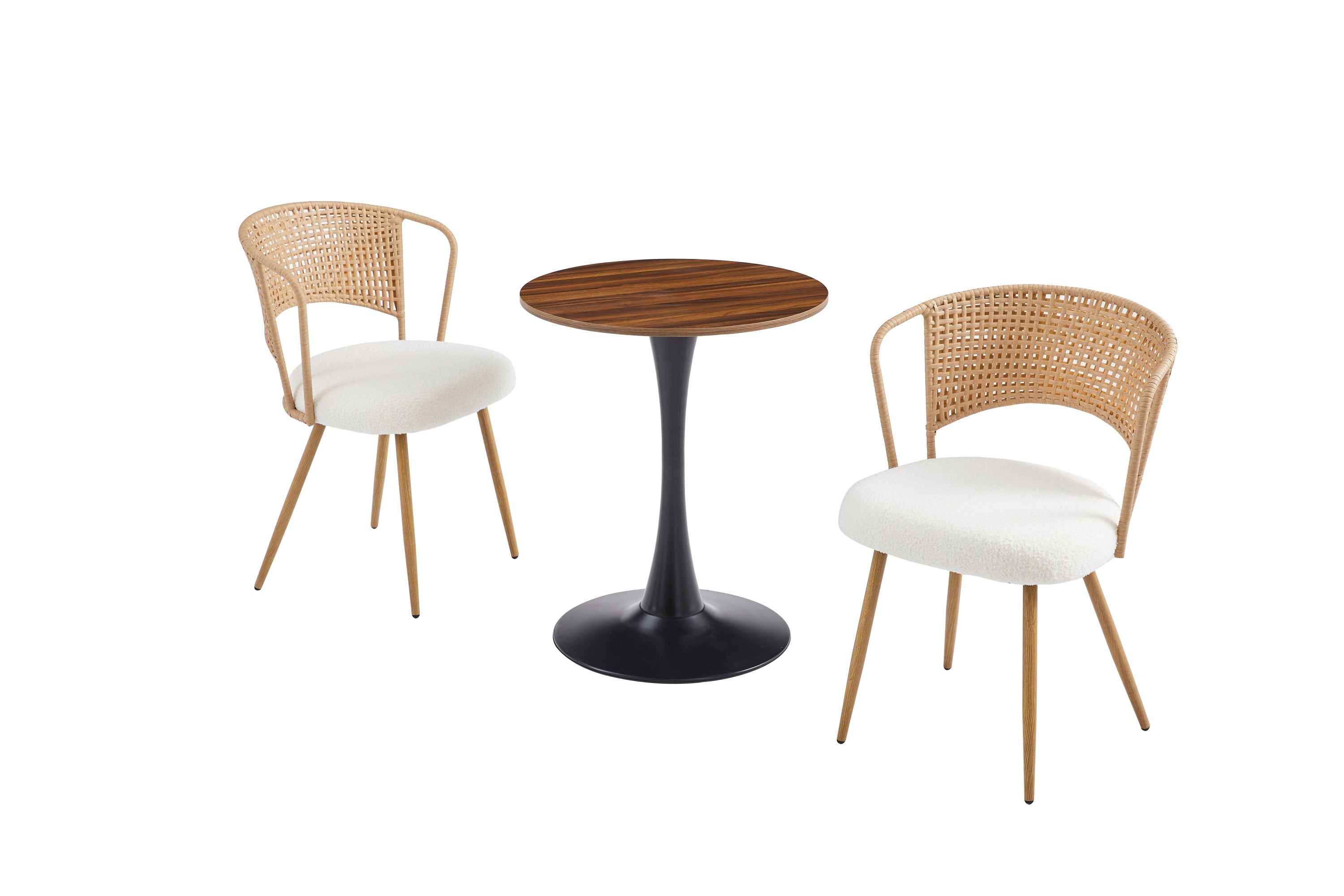 Studio shot of dark wood-grain round bistro table flanked by two rattan and boucle chairs