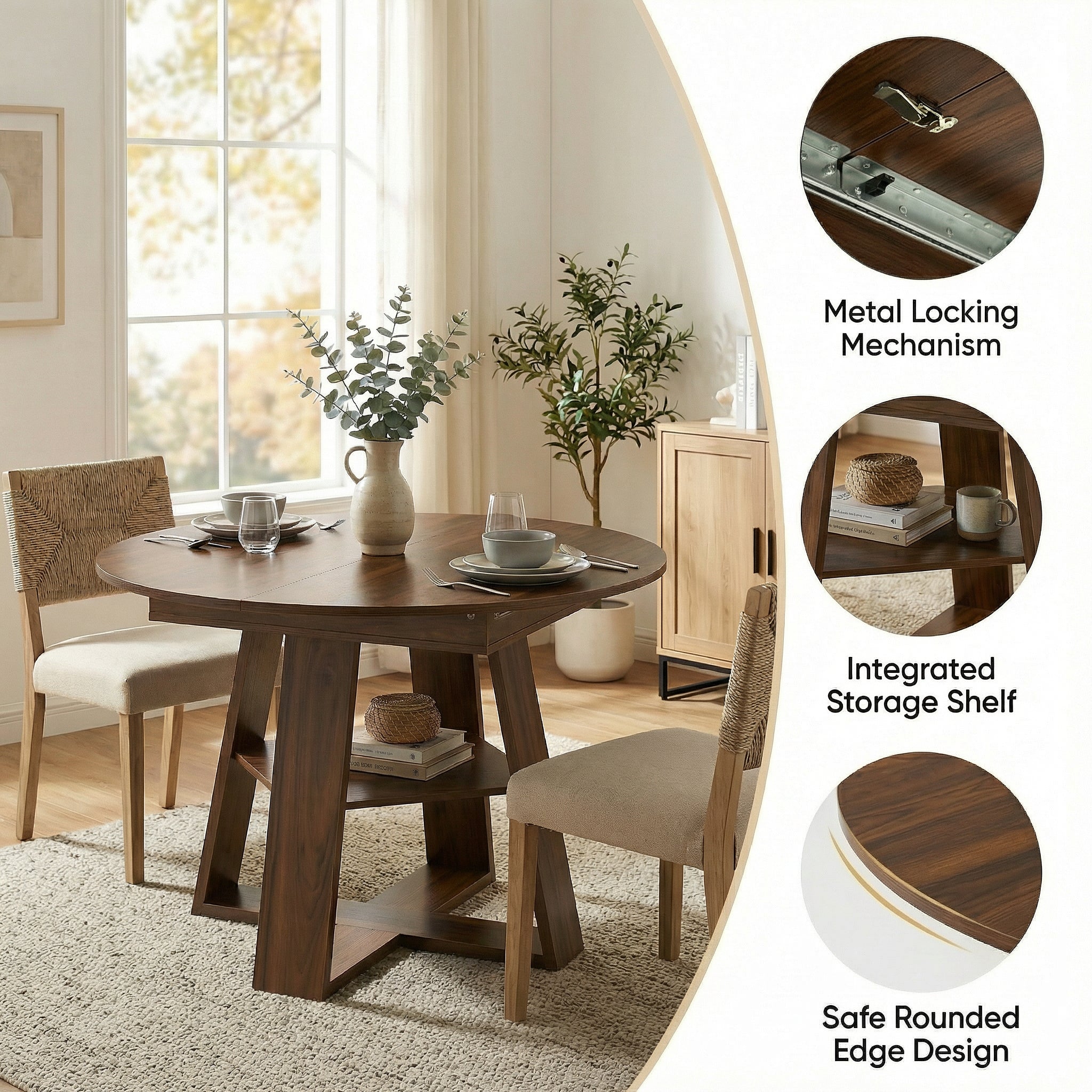 Feature graphic detailing the metal locking mechanism, storage shelf and rounded edges