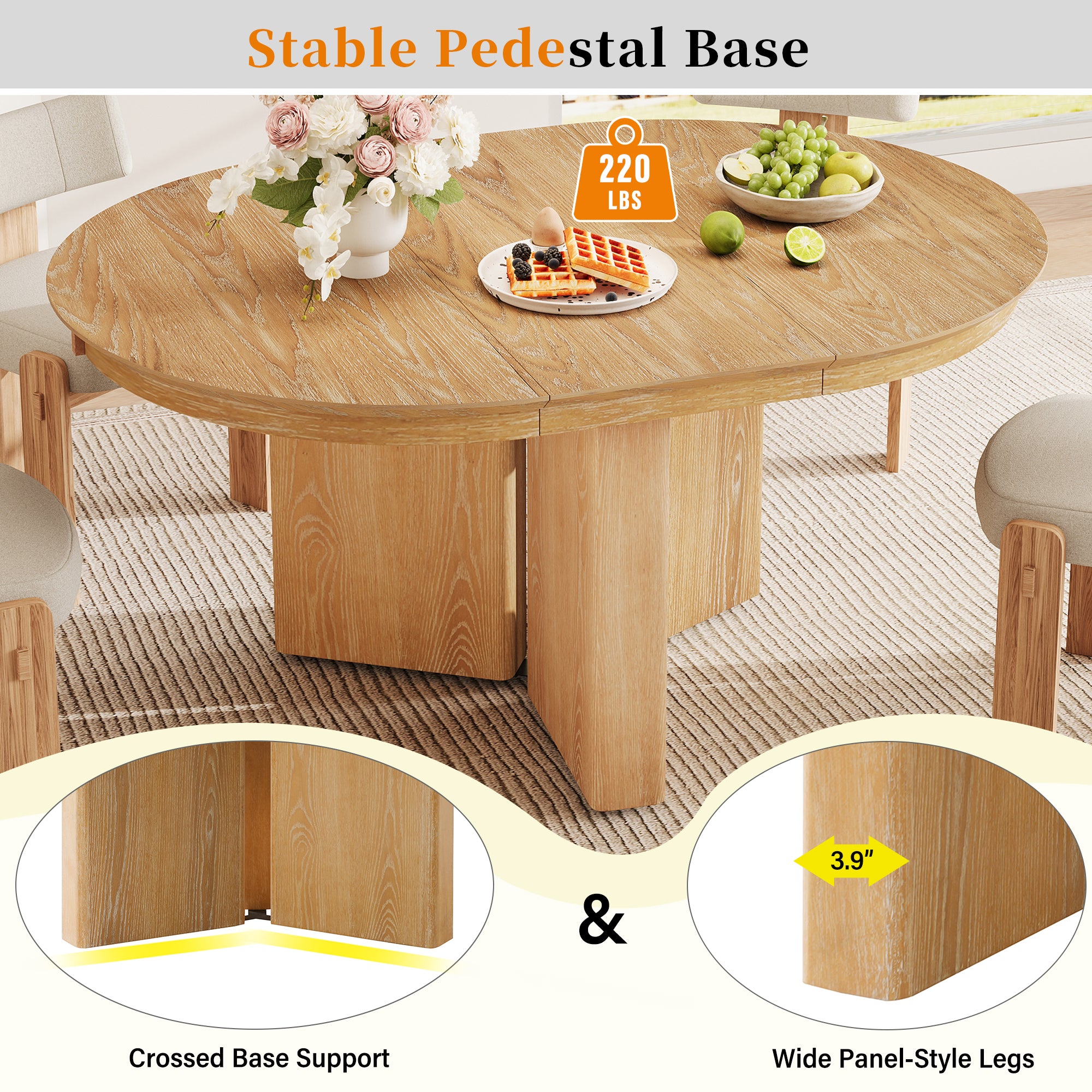 Stable pedestal base graphic showing 220lb capacity, crossed base and wide panel legs