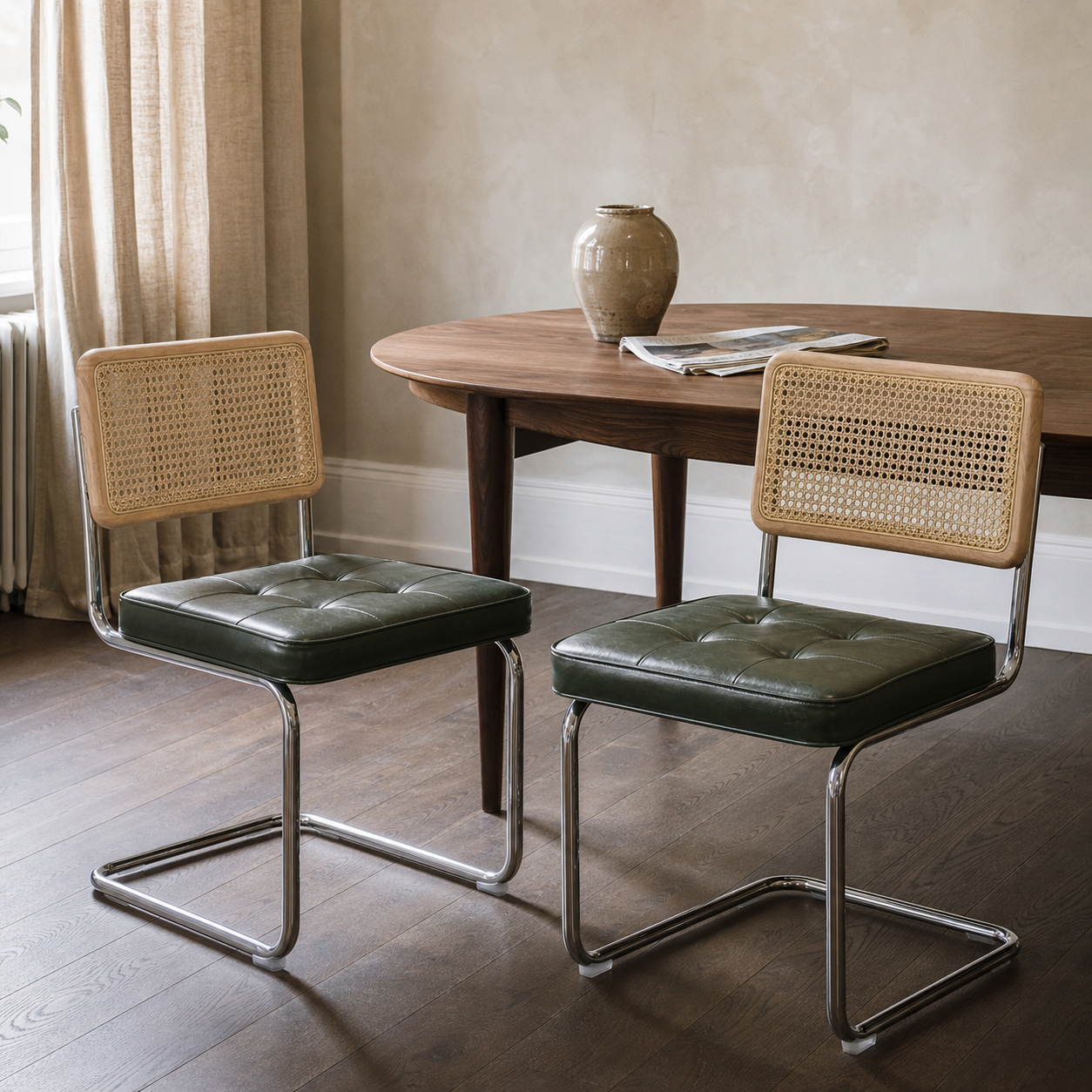Rattan Dining Chairs – Set of 2, Green Vegan Leather