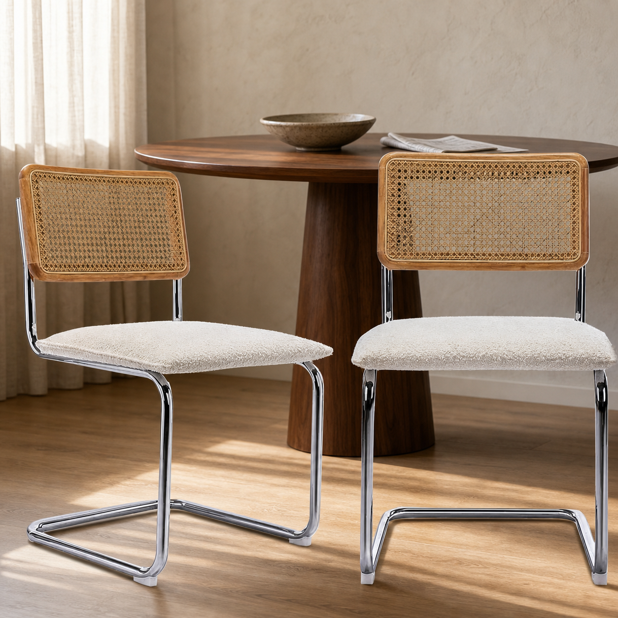 Rattan Dining Chairs – Set of 2, White Boucle