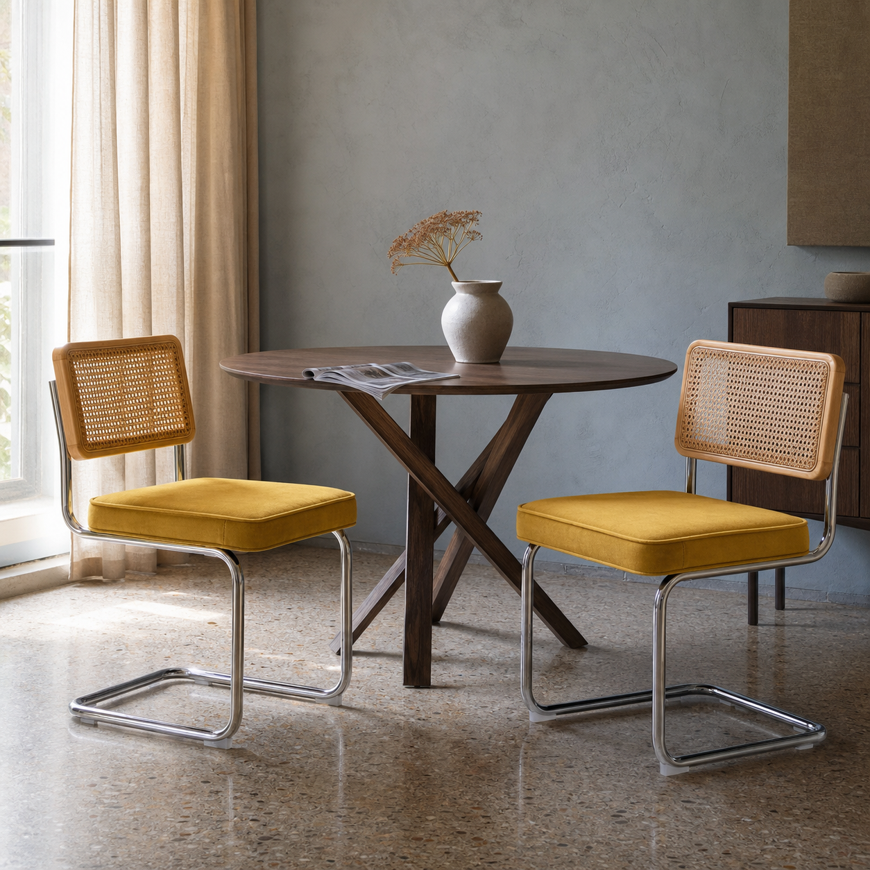 Rattan Dining Chairs – Set of 2, Yellow Velvet