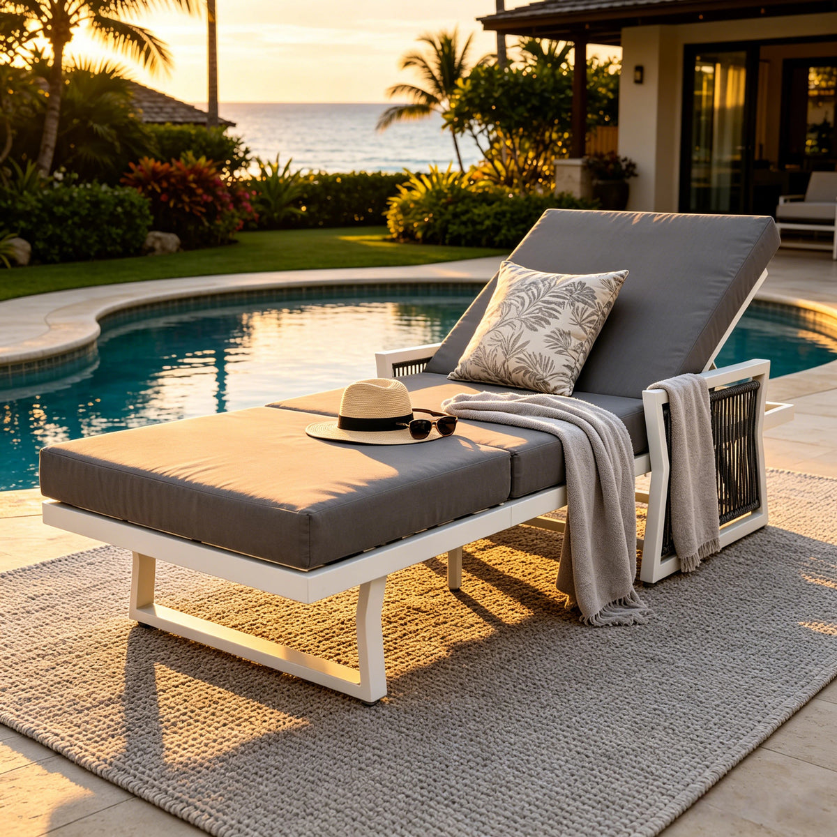 White Metal Adjustable Outdoor Chaise Lounge, Dark Gray Cushion, 3-Fold Cushion