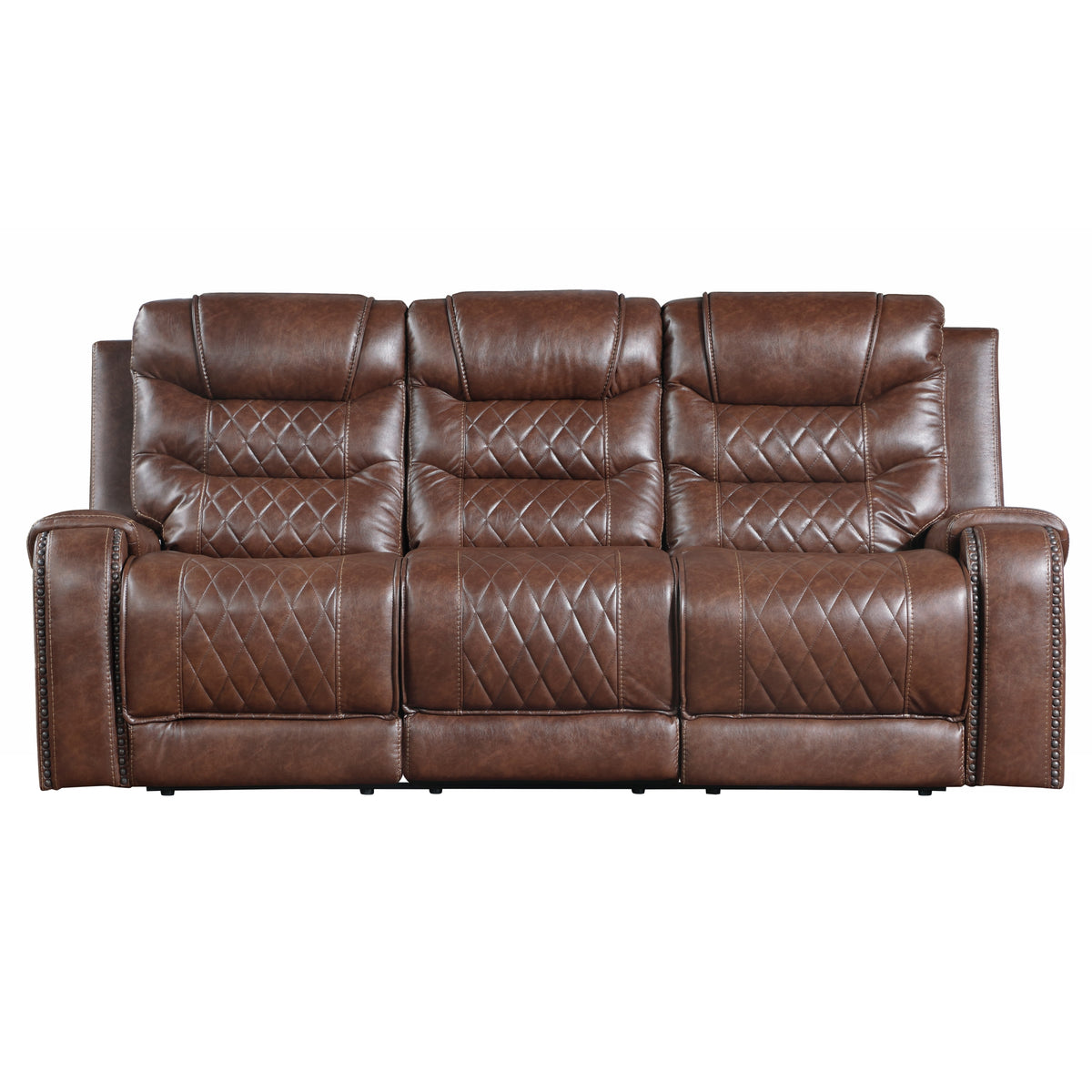 Brown Vegan Leather Reclining Sofa, USB Charging, 86.5 in Wide
