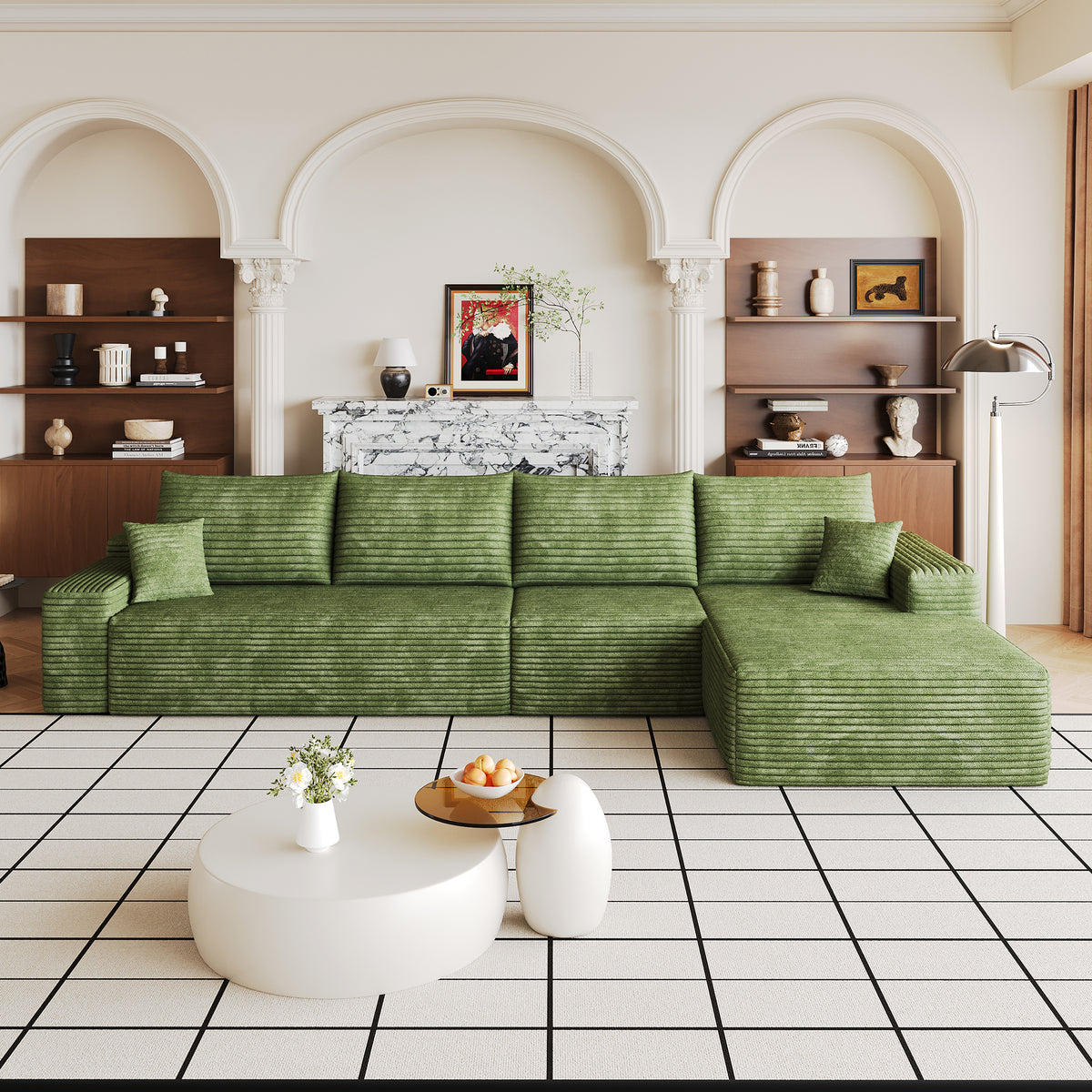 Green Corduroy L-Shaped Modular Sectional, 135 in Wide, Right-Facing