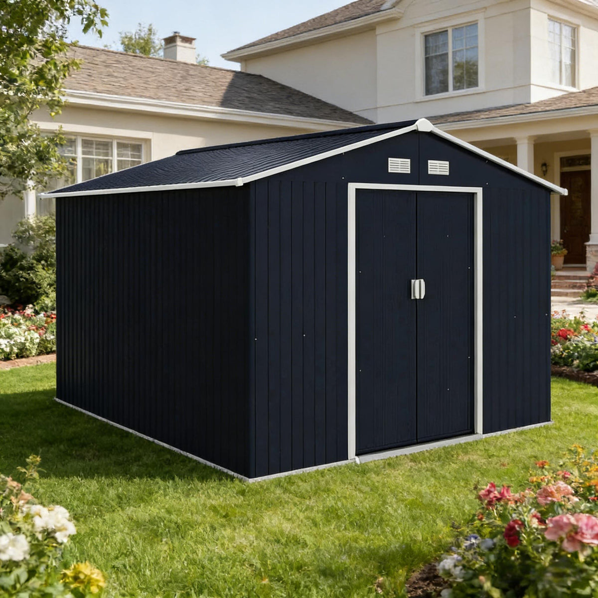 Dark Gray Metal Storage Shed, 9.1x10.6 ft
