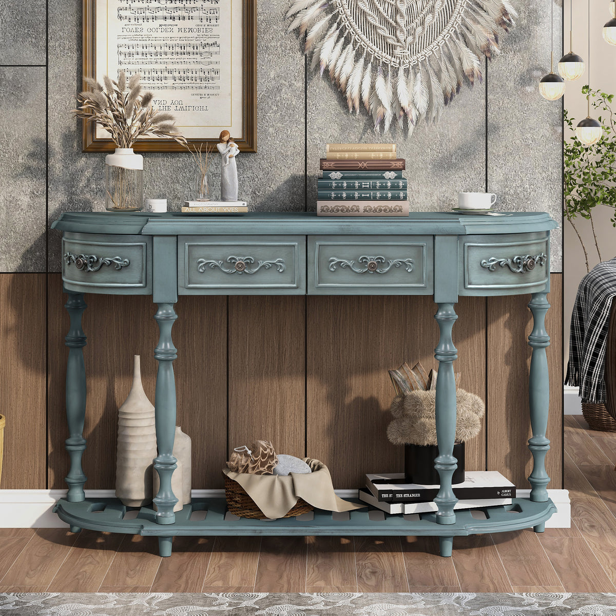Blue Entryway Console Table, 4 Drawers, 52 in Wide