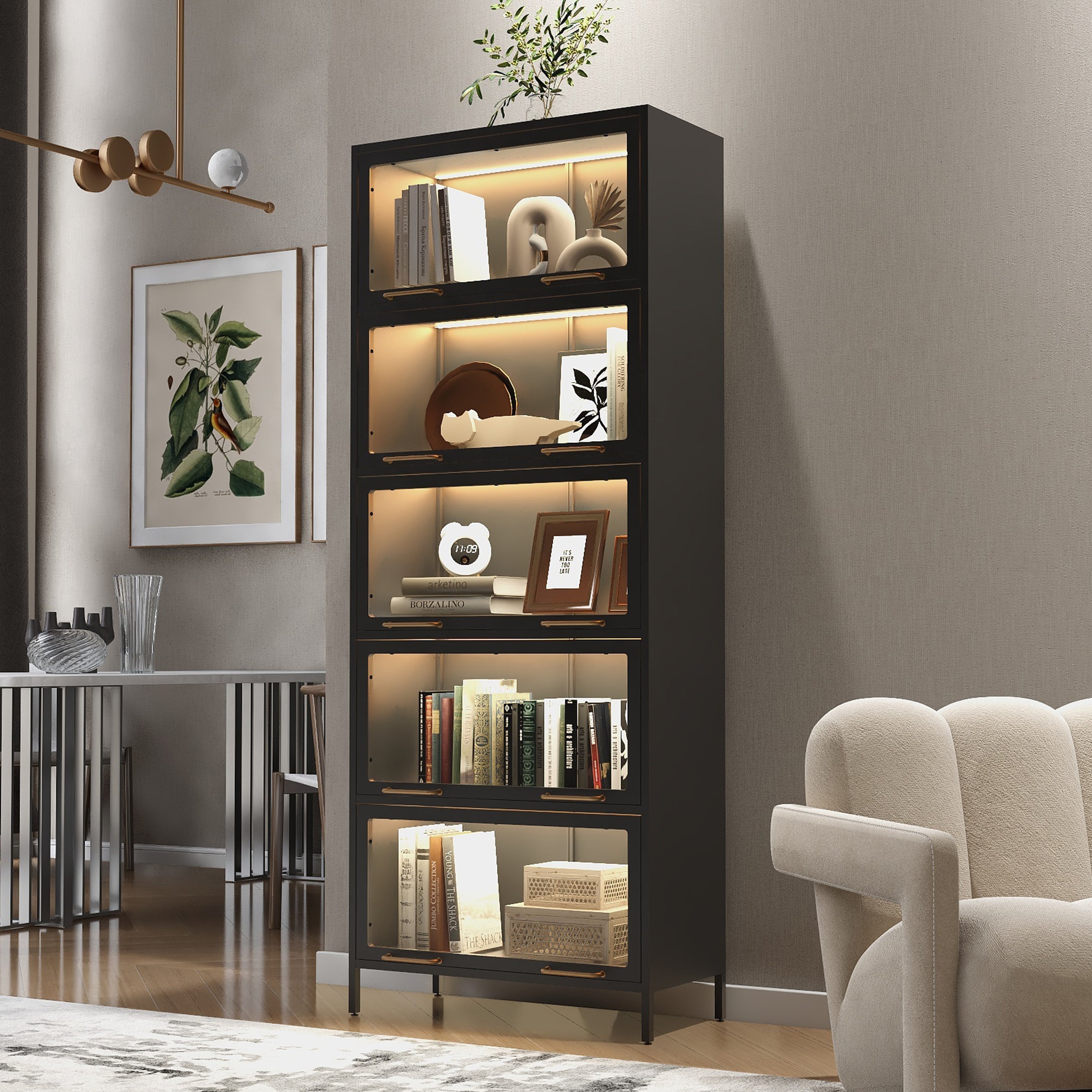 Modern Office Desk with Doors and LED Lighting, 30.5 in, Black