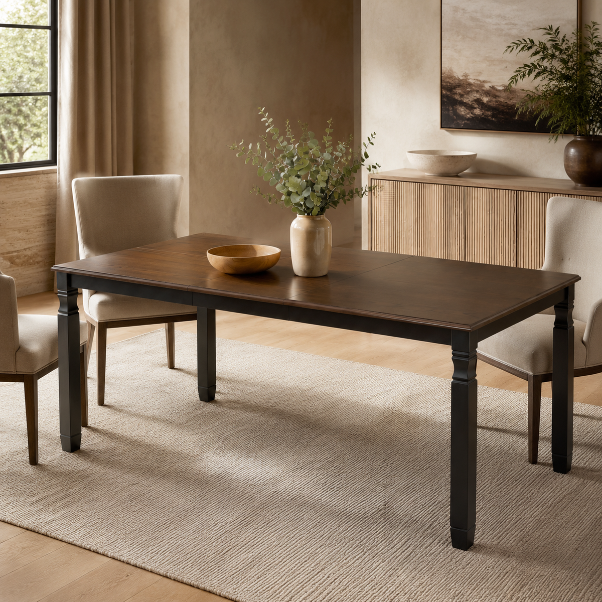 Farmhouse Extendable Dining Table, Espresso - Oak Veneer, Black Base