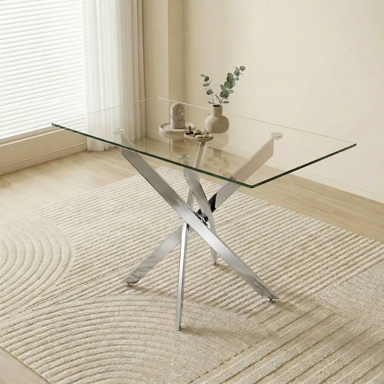 Styled room scene with the silver-leg glass table and eucalyptus stems