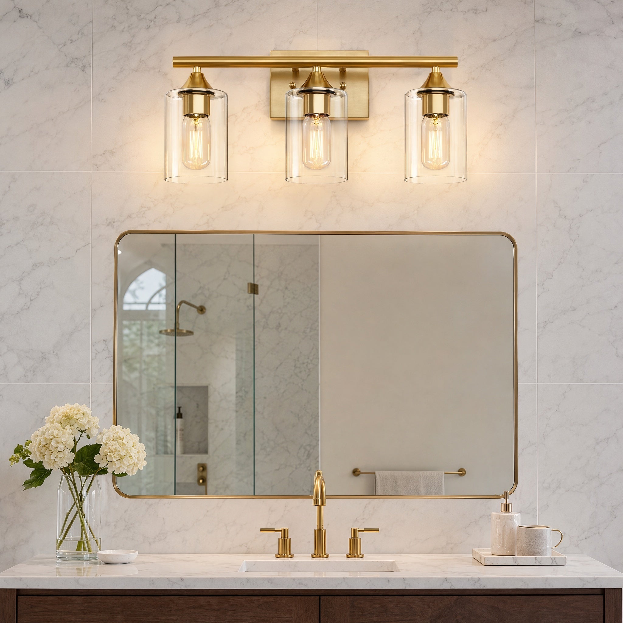 Vanity Light, 3-Light Farmhouse Iron with Glass Shades, Gold