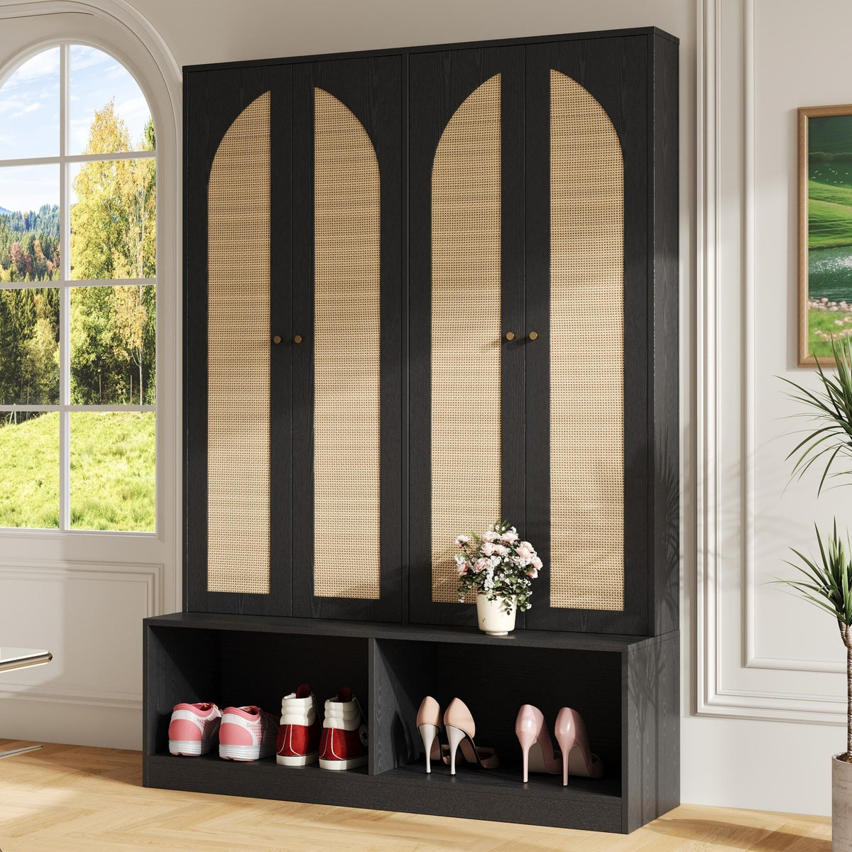 Black Hall Tree with Bench, 55.1 in Wide