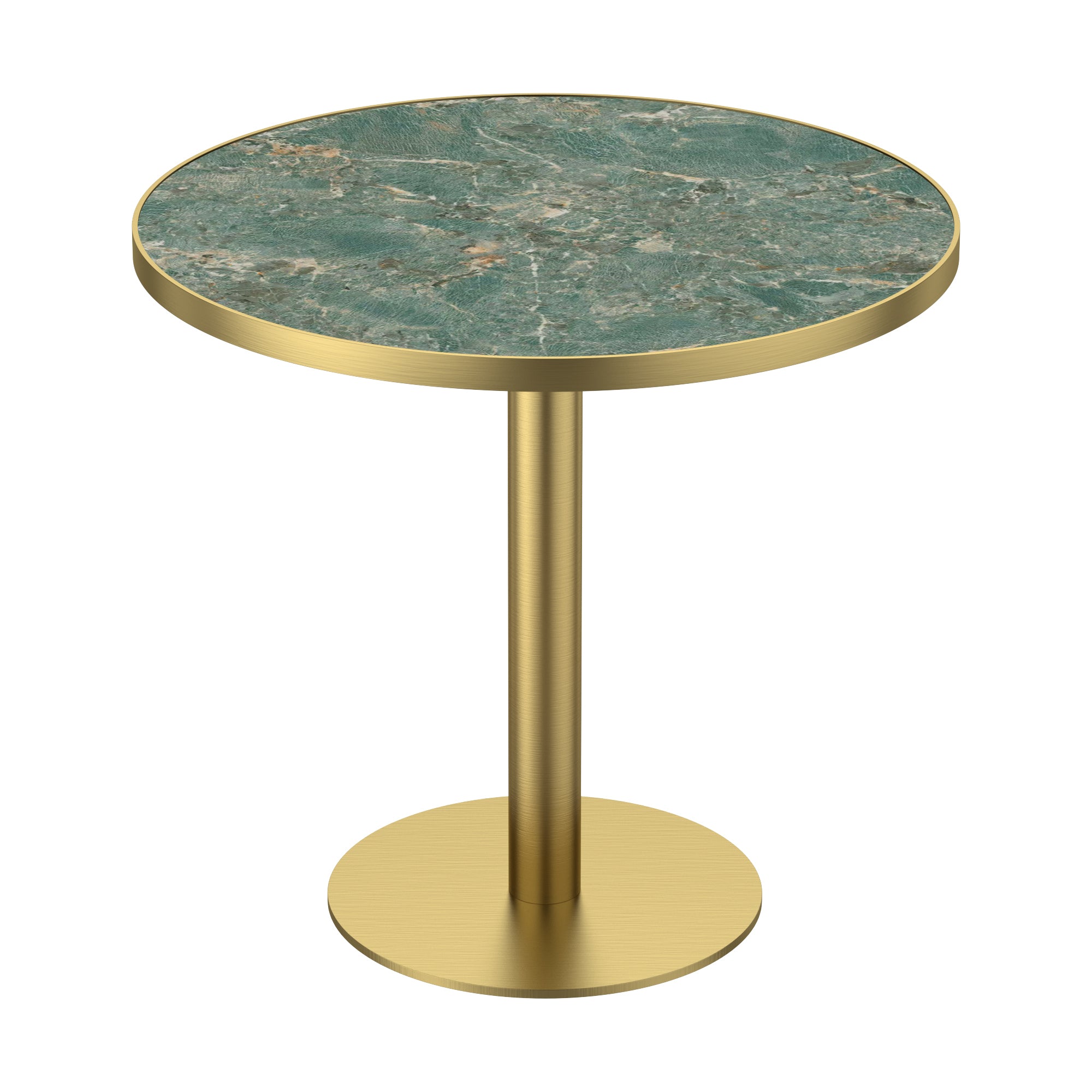 Gold and green sintered stone round dining table, three-quarter view, gold pedestal base, white studio