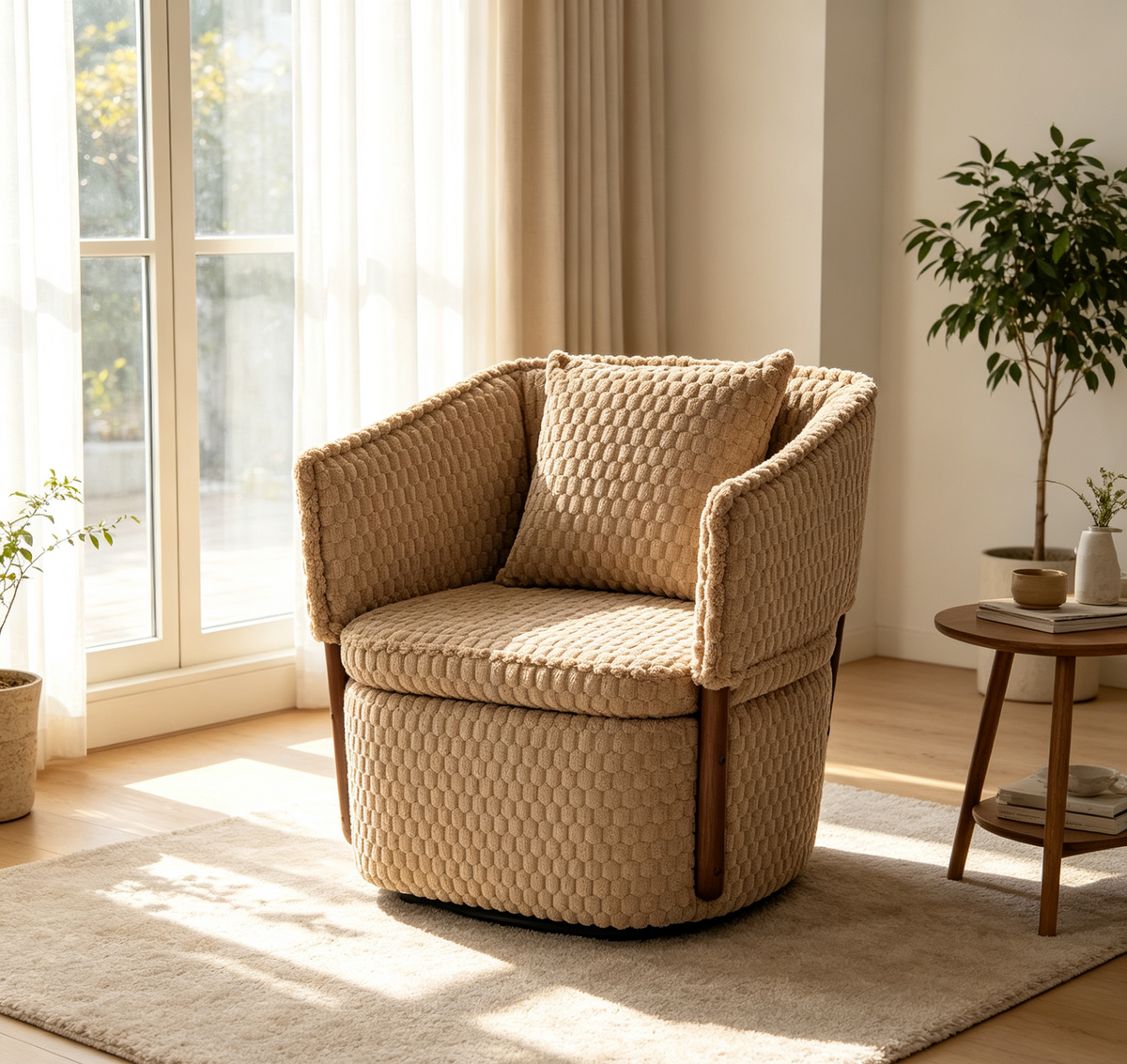 Khaki Corduroy Swivel Accent Chair with Storage