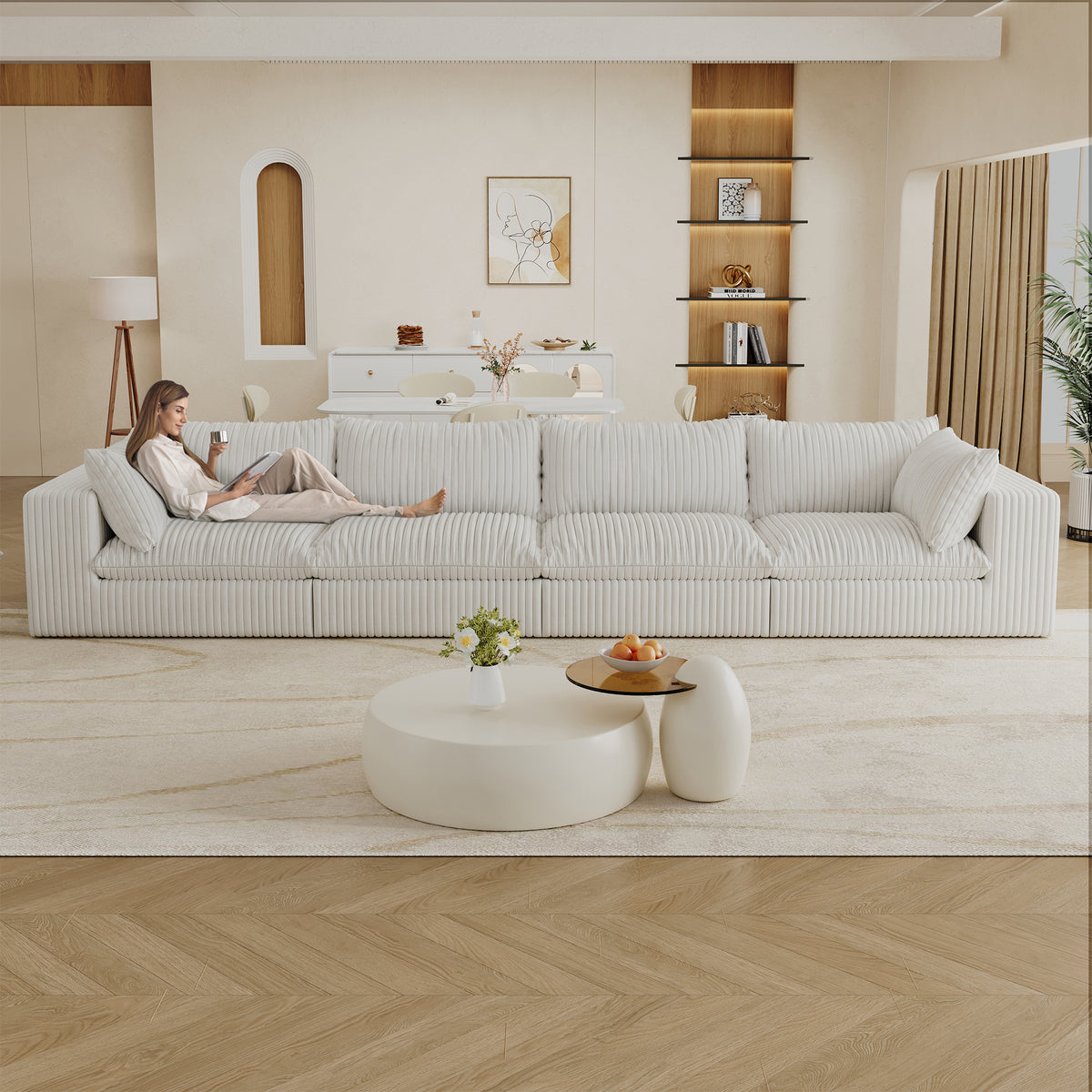 White Corduroy Modular 4-Seat Couch, No Assembly, 157.6 in Wide