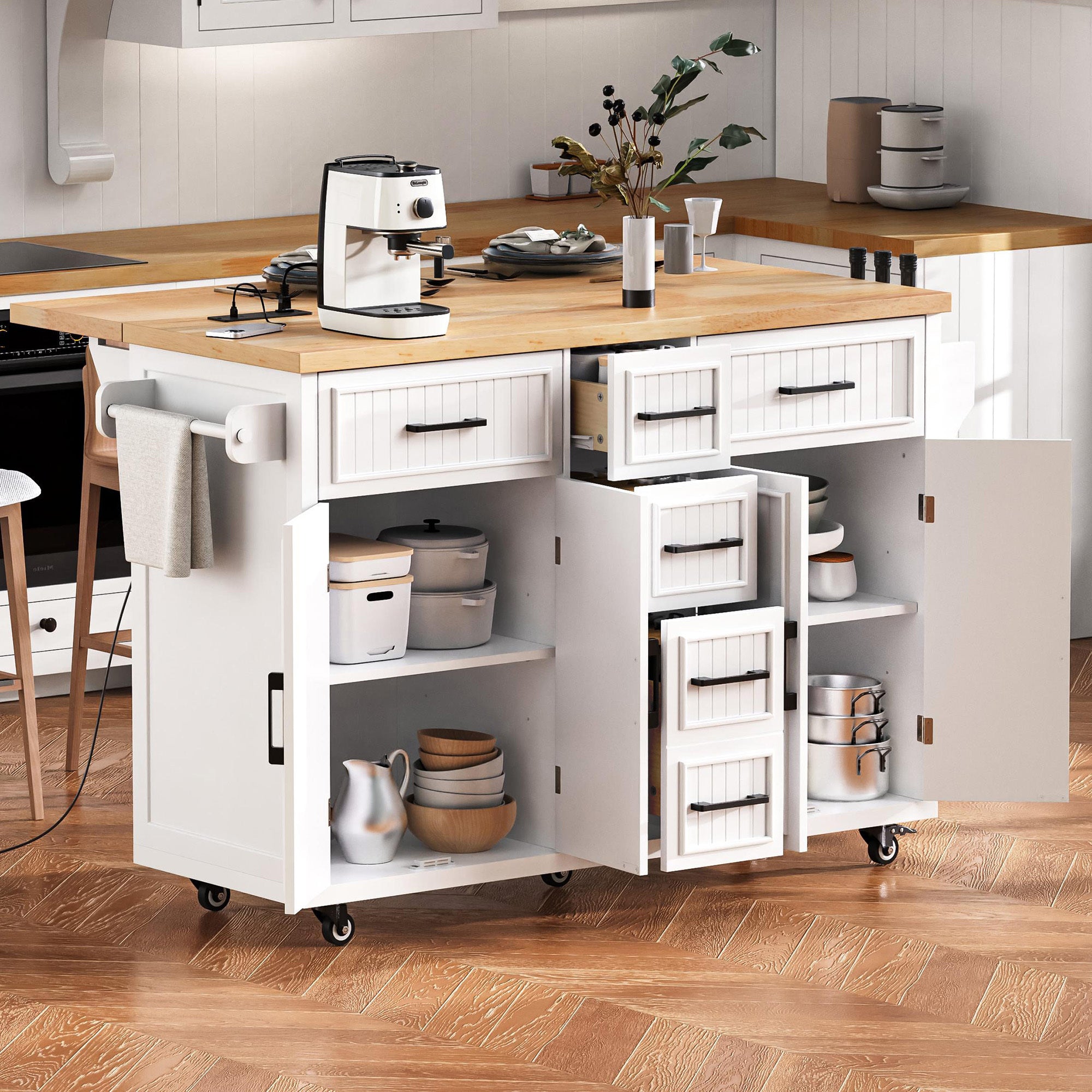 Farmhouse Kitchen Island, White, Drop-Leaf with 4 Doors & 5 Drawers