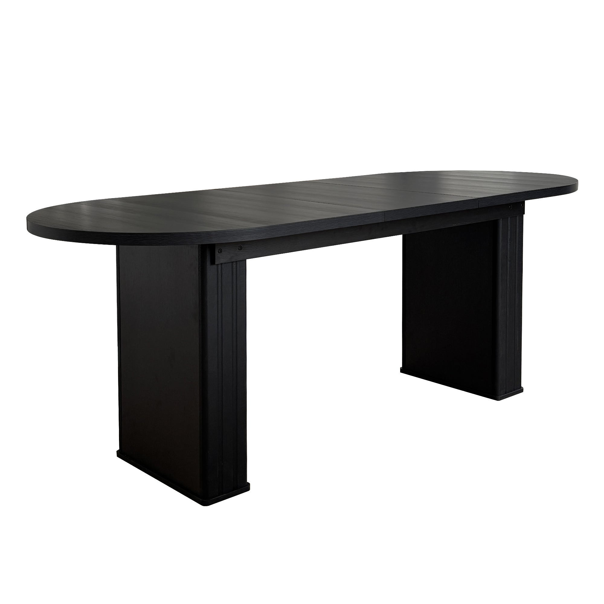 Three-quarter studio view of the black oval extendable dining table on a white background