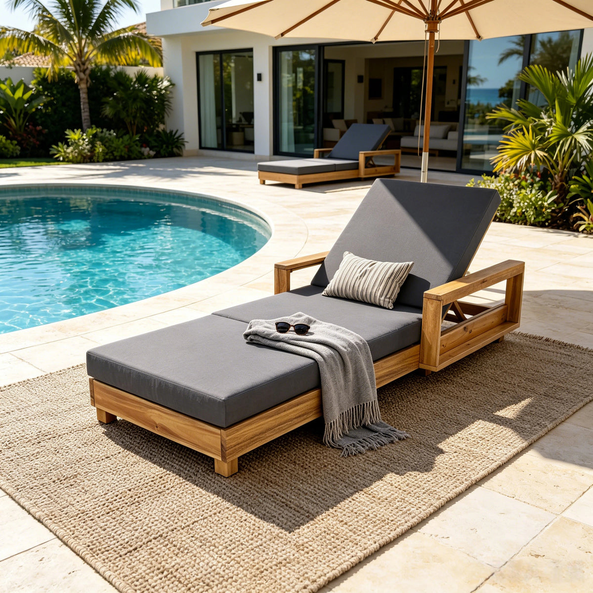 Natural Solid Wood Outdoor Chaise Lounge, Dark Gray Cushion, 3-Fold Cushion