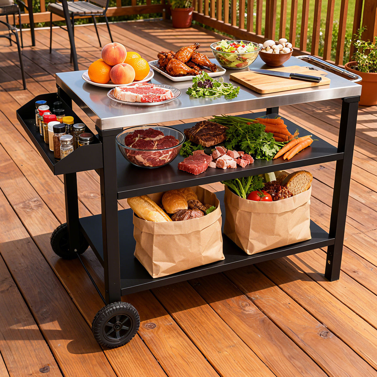 Black Metal Grill Cart with Wheels, with Shelves, 30.7 in Tall