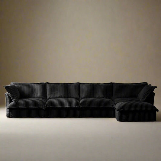 Fluffy Corduroy 4-Seat Couch – Black with Ottoman, Washable