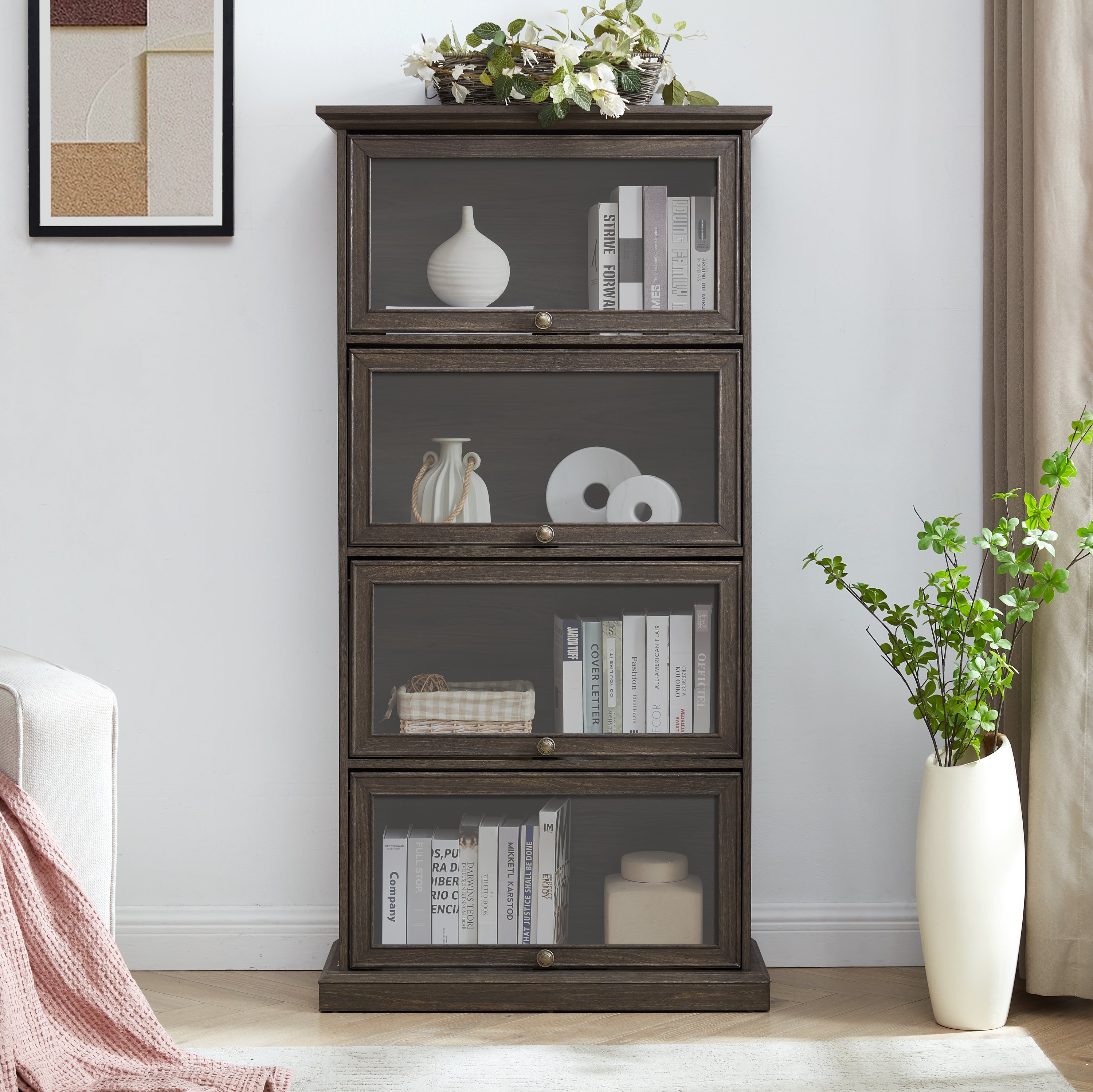 Glass Display Cabinet, Brown, 4-Tier Bookcase with Flip-Up Doors
