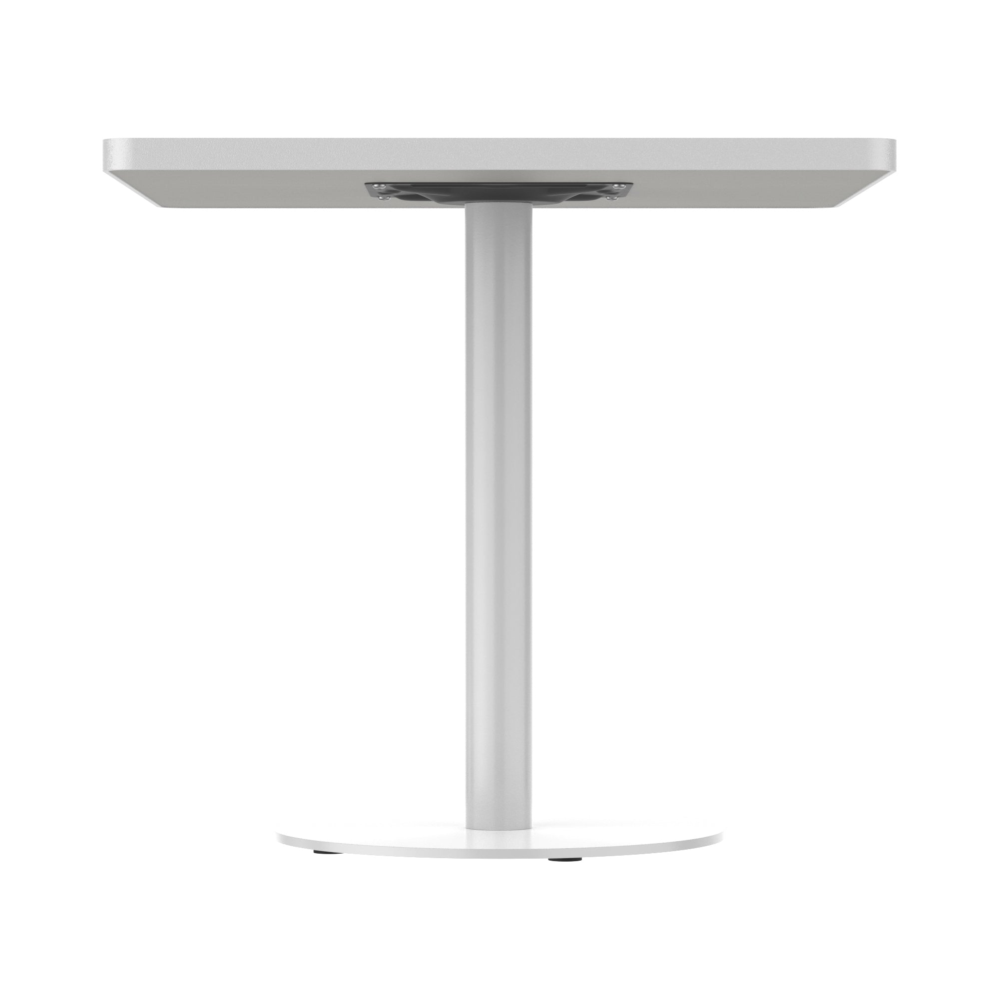 Side view of white square dining table showing white column and underside mounting bracket