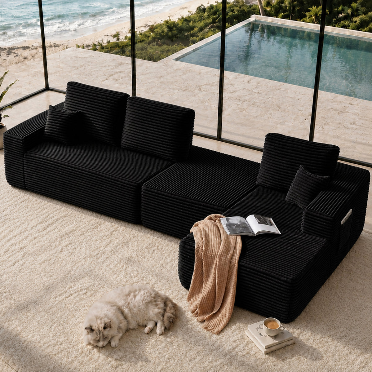 Black L-Shaped Modular Sectional with Ottoman, Right-Facing Chaise