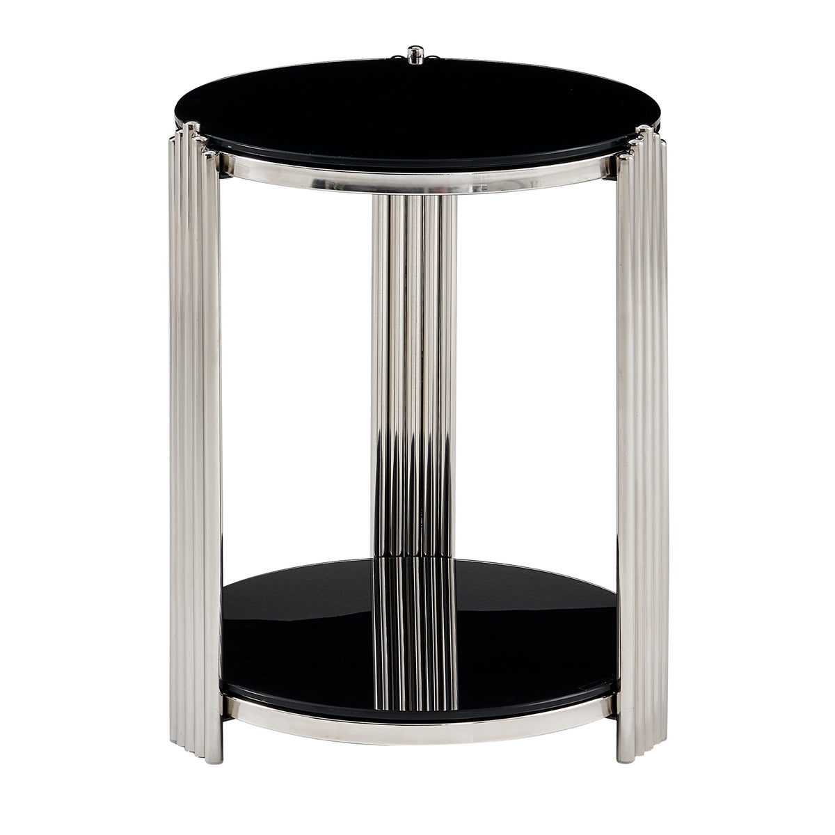 Black Glass Top Round Side Table with Storage, 16.9 in, Silver Accents