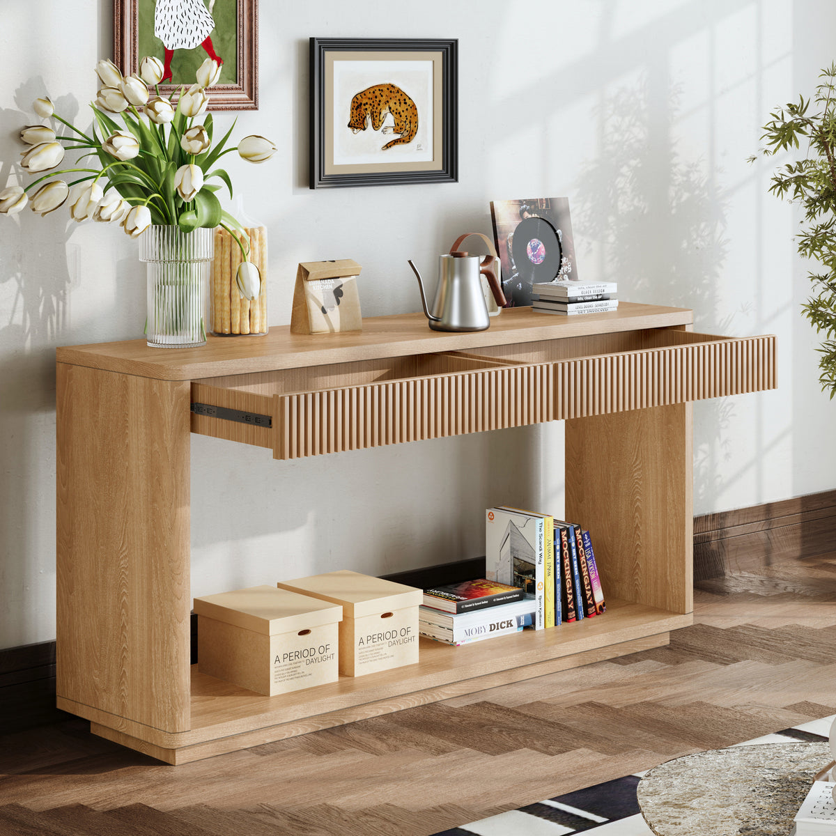 Natural Entryway Console Table, 2 Drawers, 59.8 in Wide