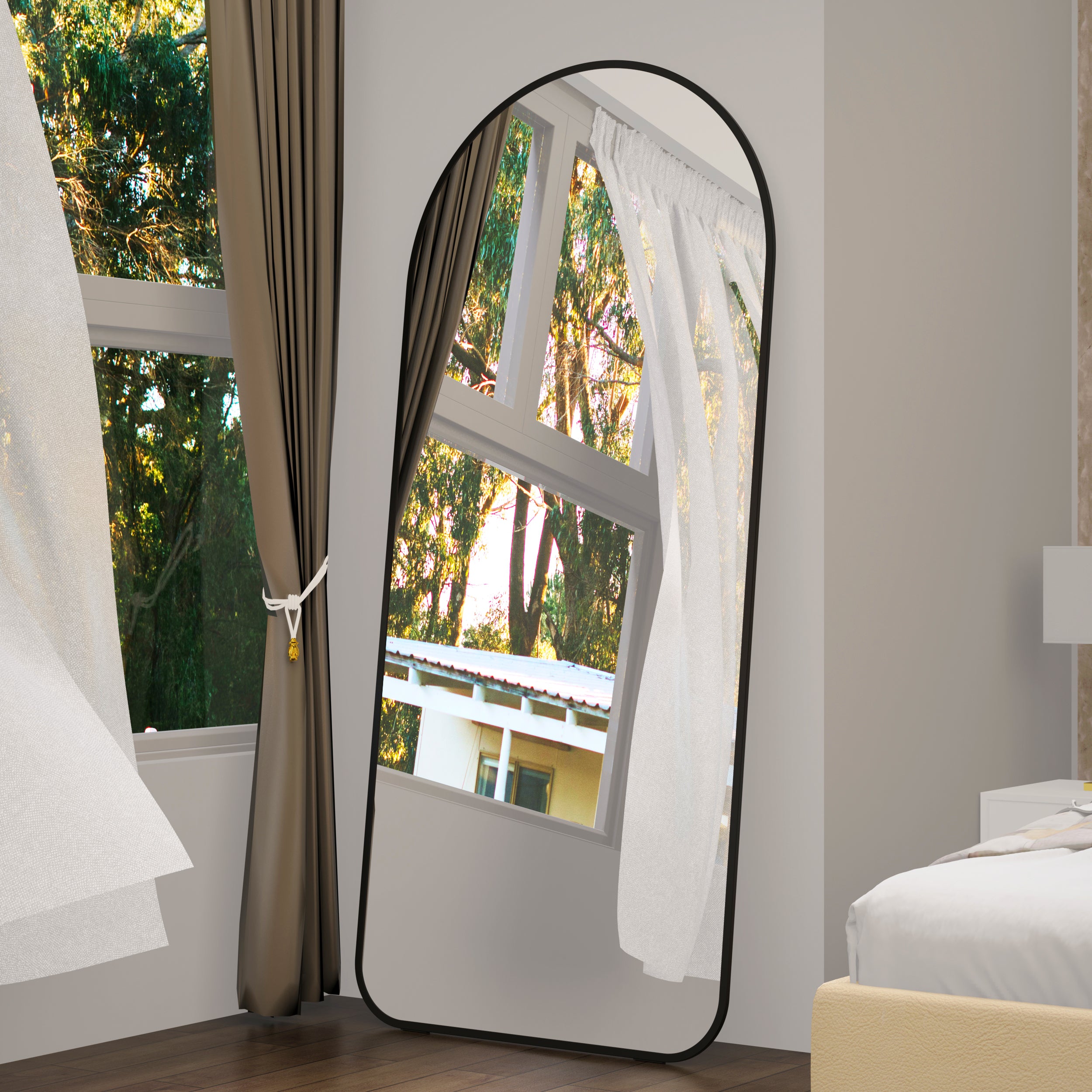 Arched Leaning Floor Mirror, 71 x 32 in, Black Metal