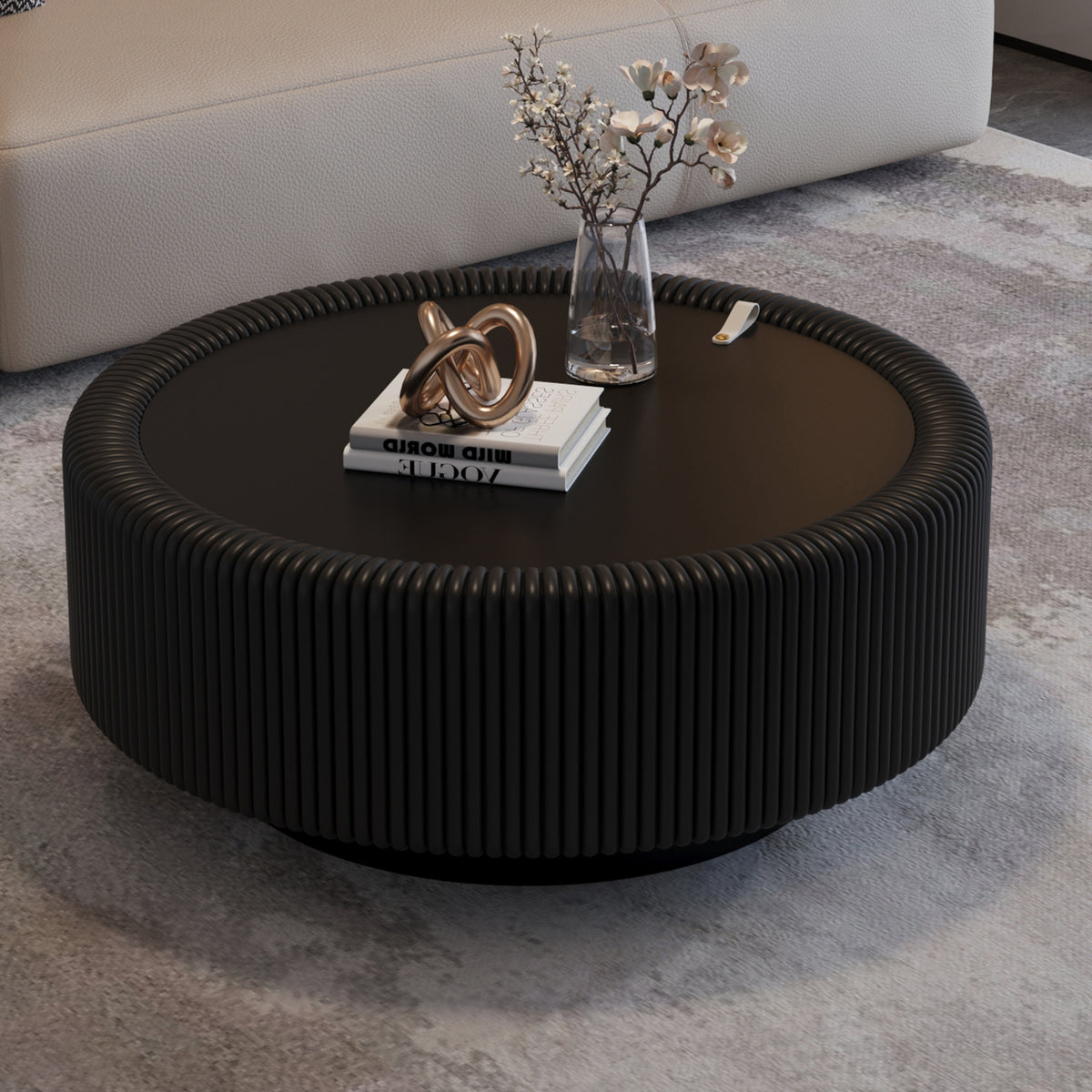 Black Glass Top Round Fluted Coffee Table with Storage, 31.5 in