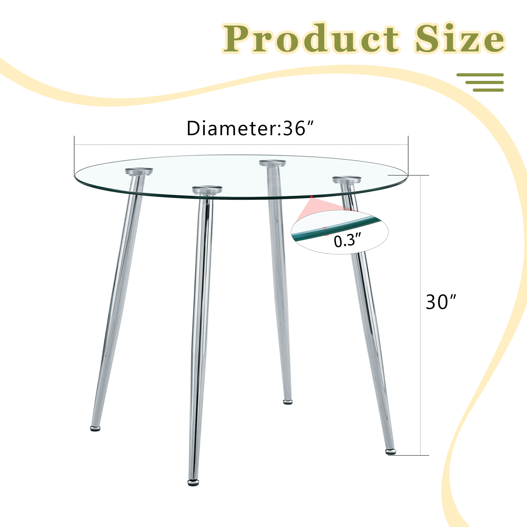 Dimension diagram of the round glass table showing 36 inch diameter and 30 inch height