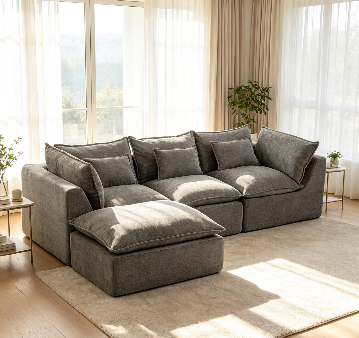 Gray Modular Sectional with Ottoman, 102.3 in Wide, Waffle Fabric