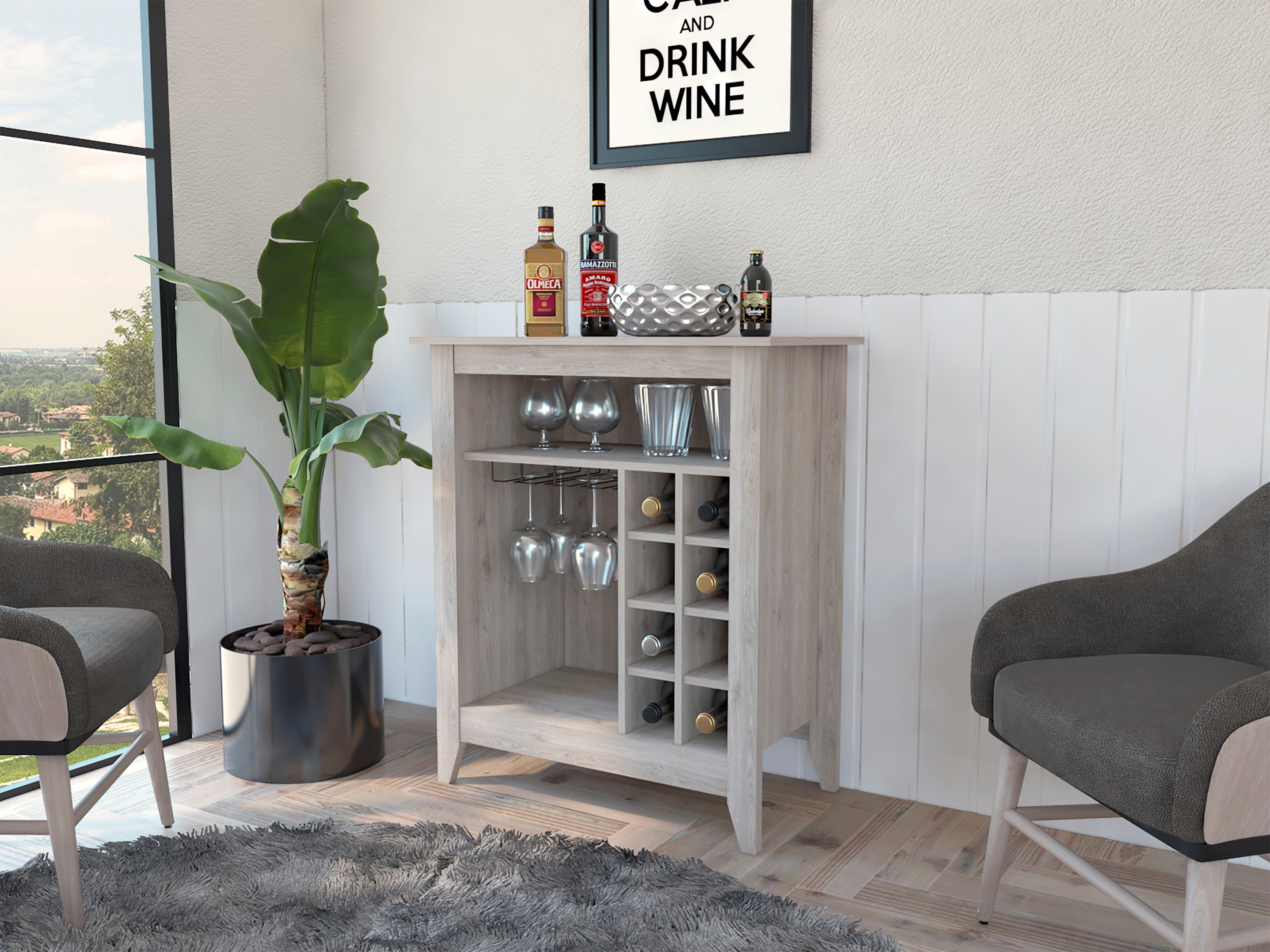 Modern Bar Cabinet, Light Grey, 6-Bottle Wine Rack and Glass Holder