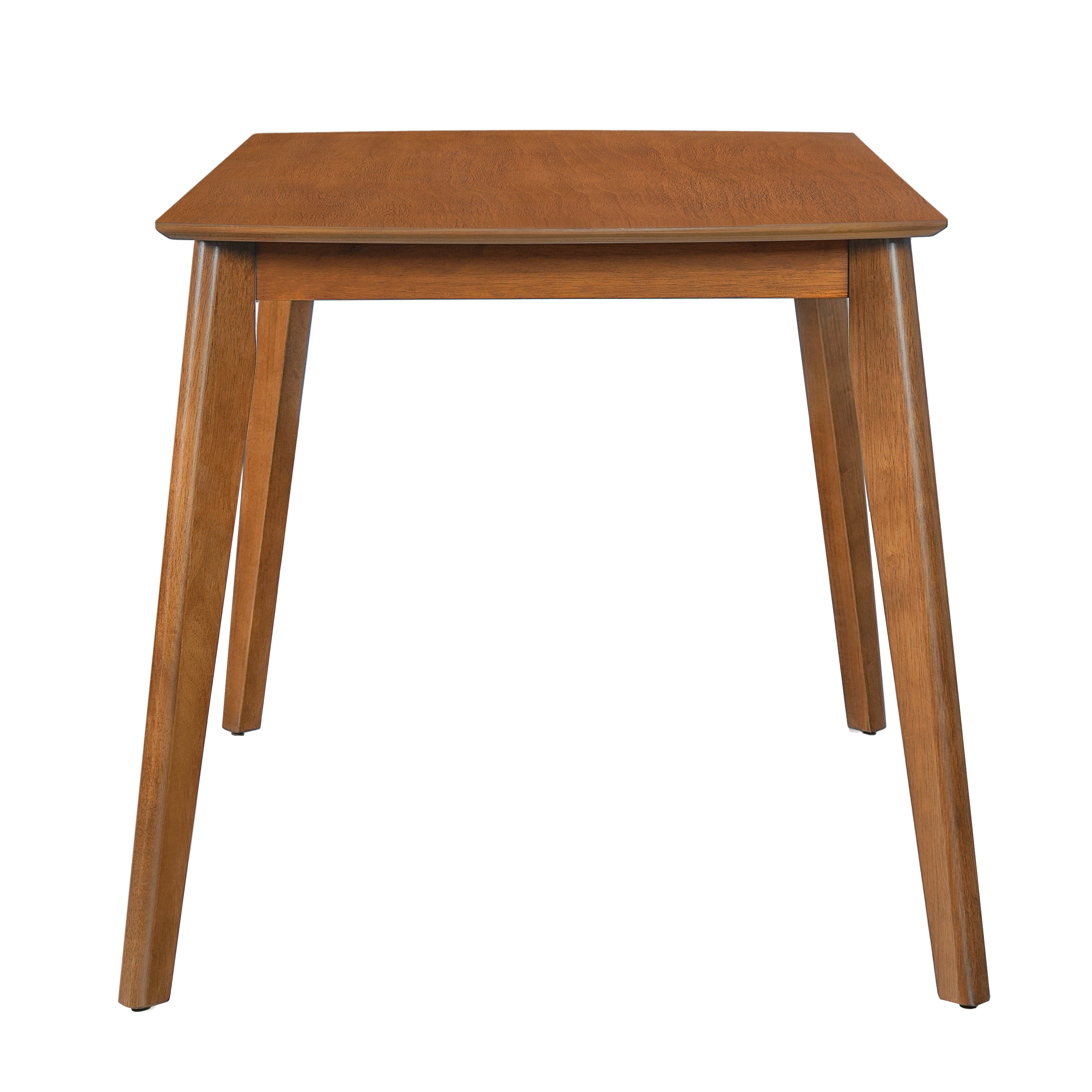 Angled studio view of the brown dining table showing the curved-side tabletop, white background