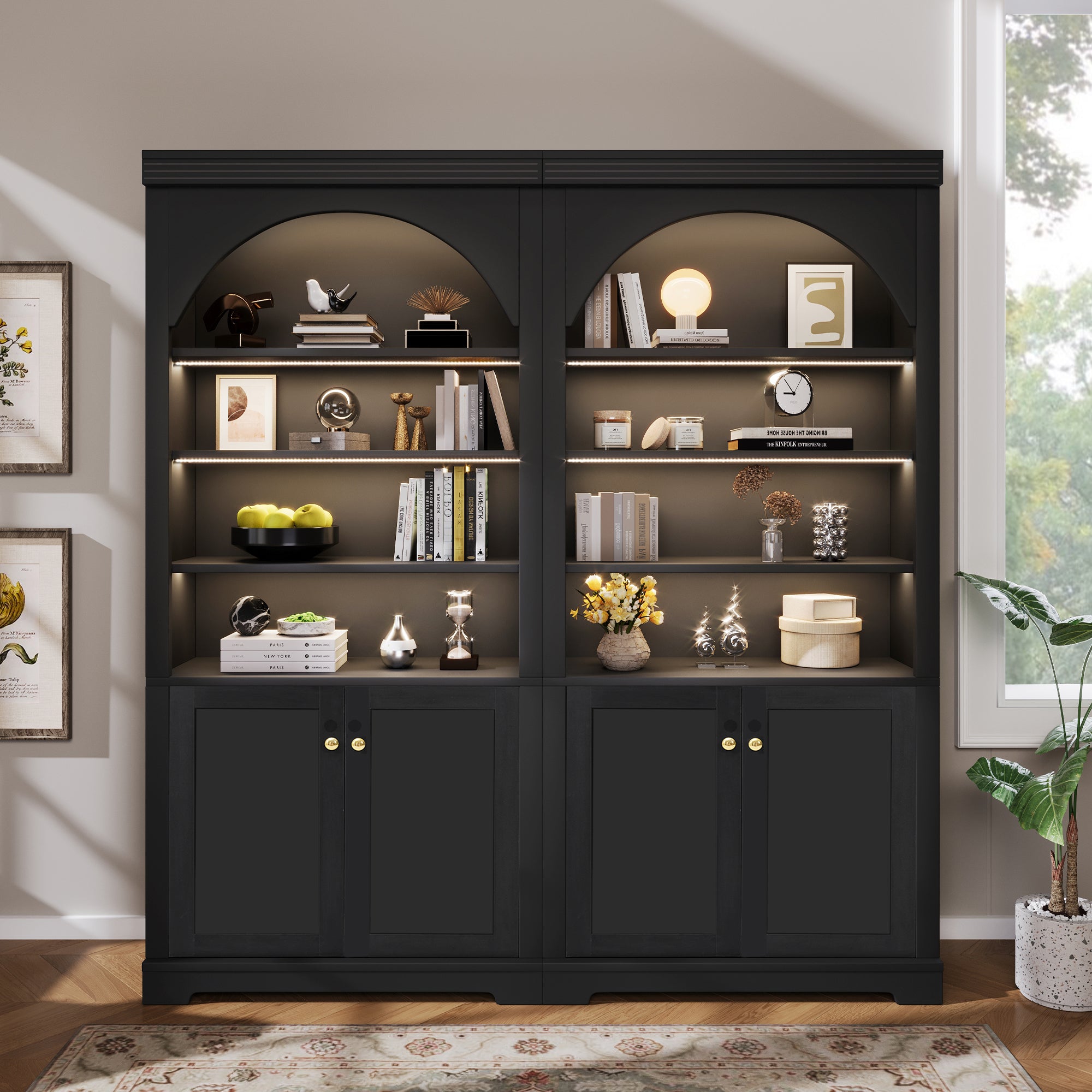 Modern Bookcase with Doors and Adjustable Shelves, 63 in, Black, 14 in Deep