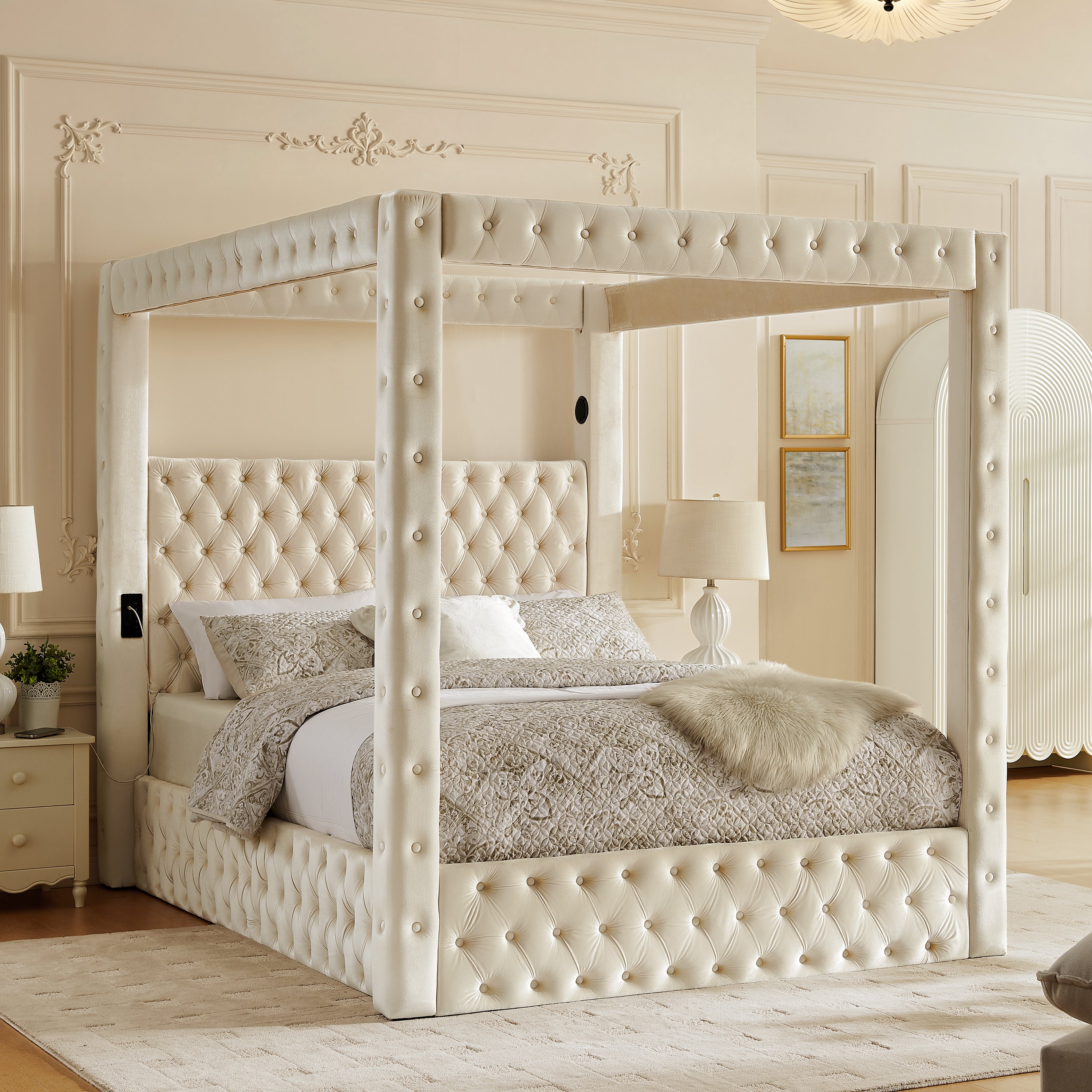 Velvet Four Poster Canopy Bed, Queen, Beige with USB Charging