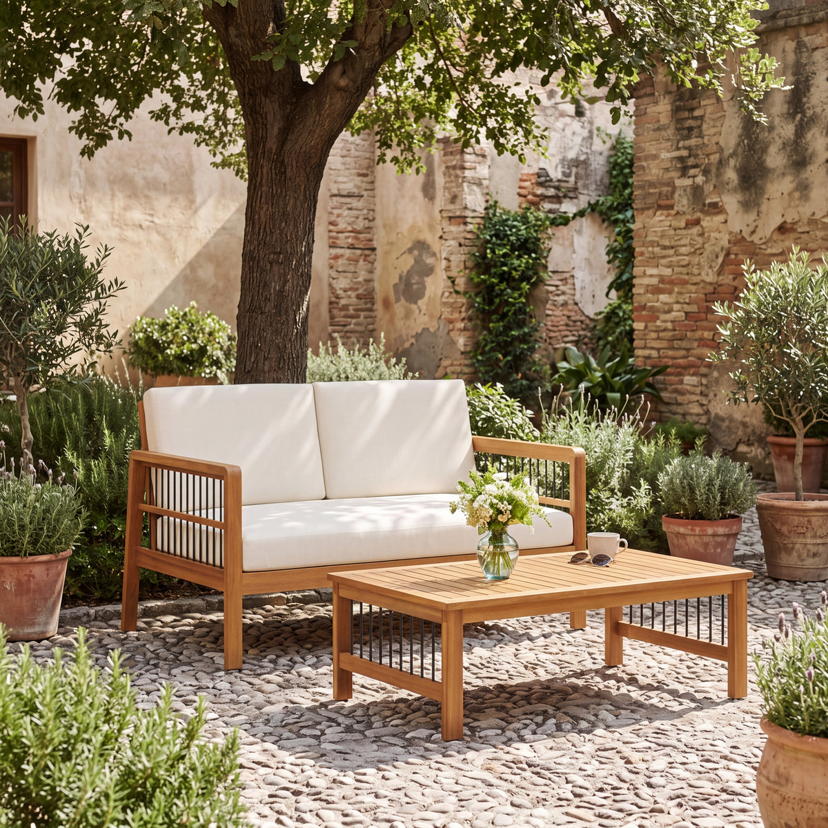 Teak Finish Solid Wood Outdoor Sofa Set with Cushions