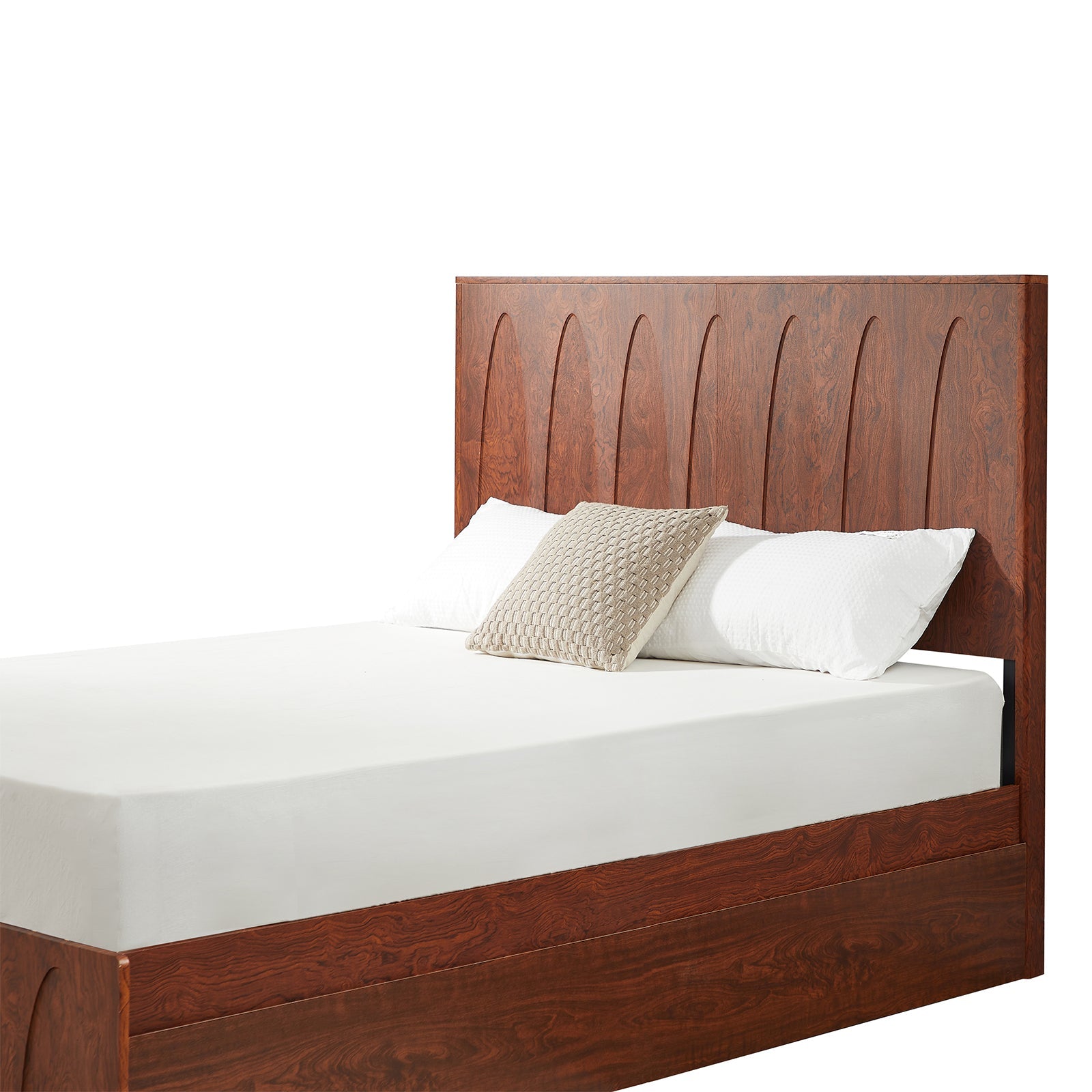 Angled dark reddish-brown burl wood headboard with bare mattress and pillows, on white #Color_Natural
