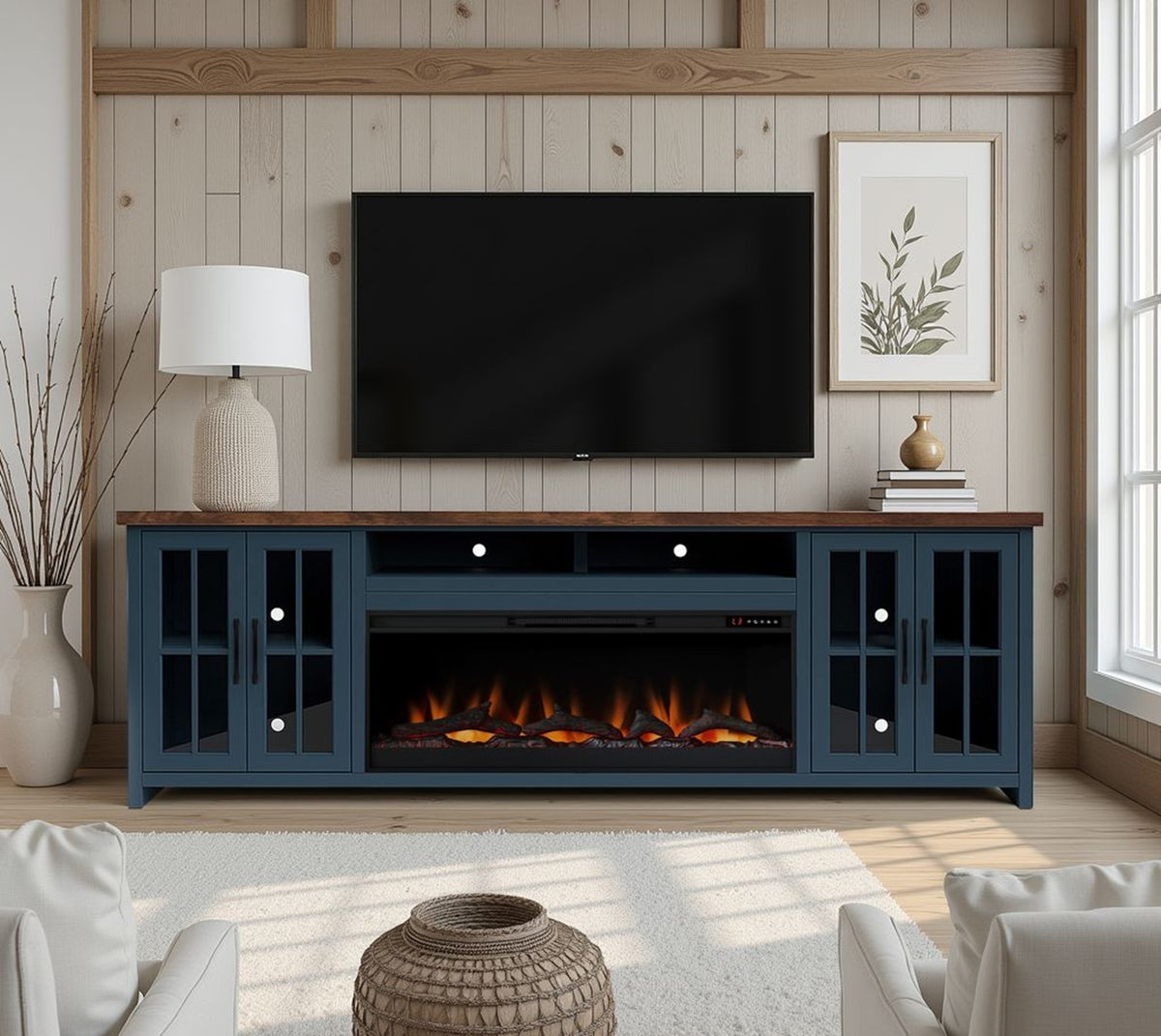 Blue Fireplace TV Stand for TVs up to 100 in, 97 in Wide