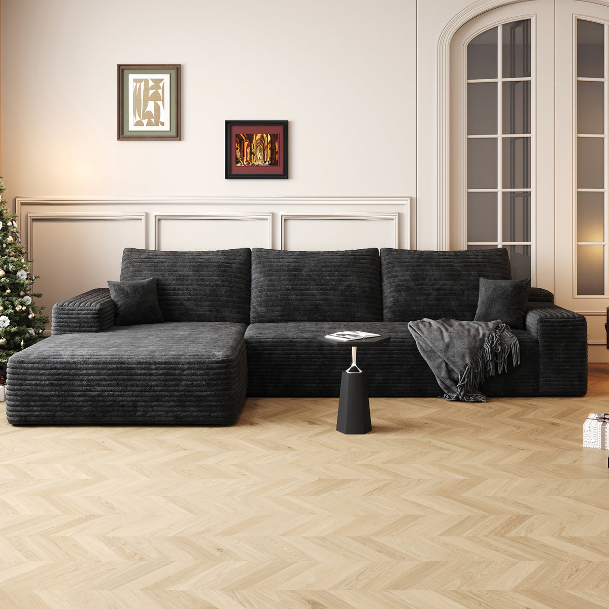Black Corduroy L-Shaped Modular Sectional, 107 in Wide, Left-Facing