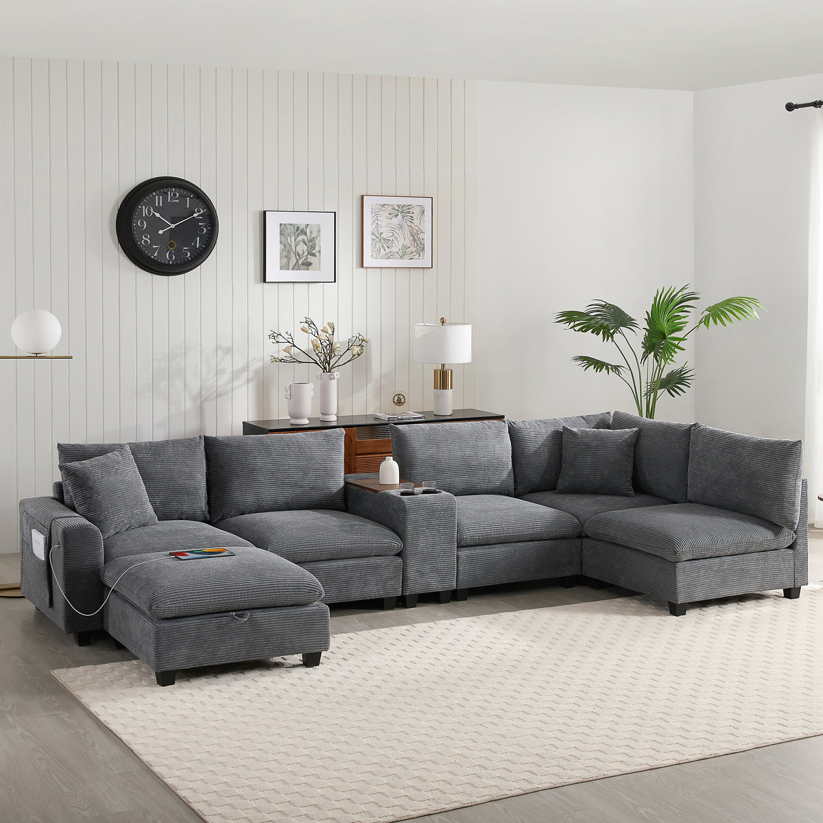 Gray Corduroy L-Shaped Modular Sectional with Ottoman, 140 in Wide