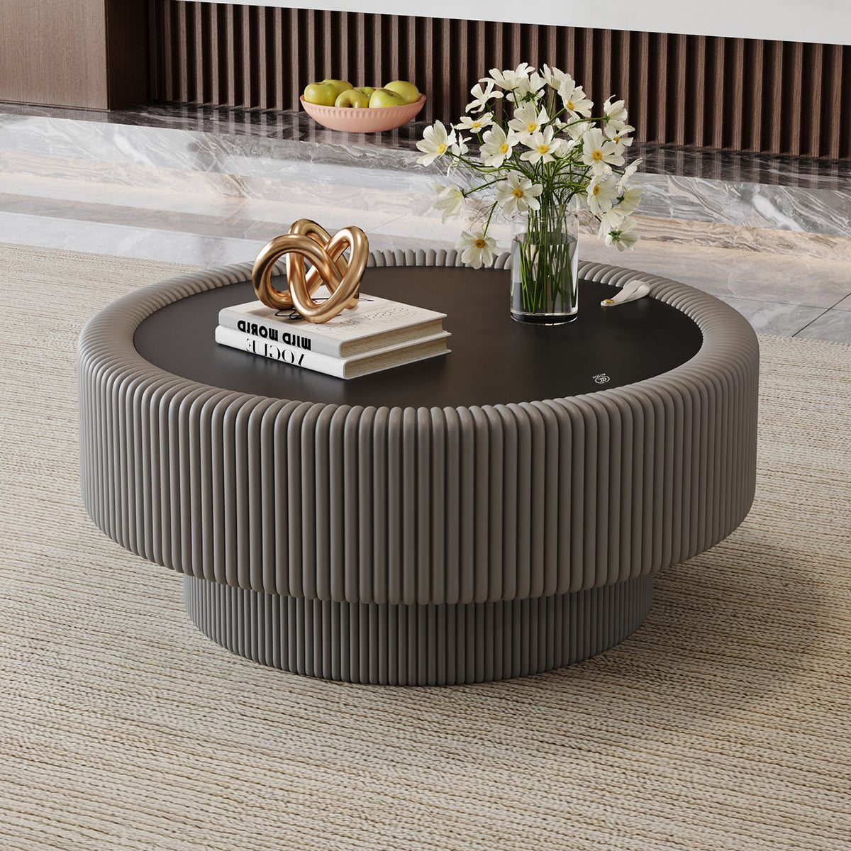 Gray Glass Top Round Fluted Coffee Table with Storage, 31.5 in