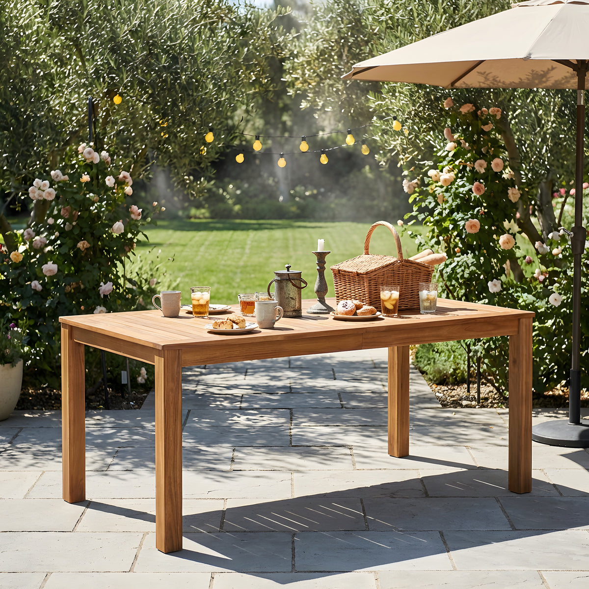 Natural Solid Wood Rectangular Outdoor Dining Table, 67 in Wide