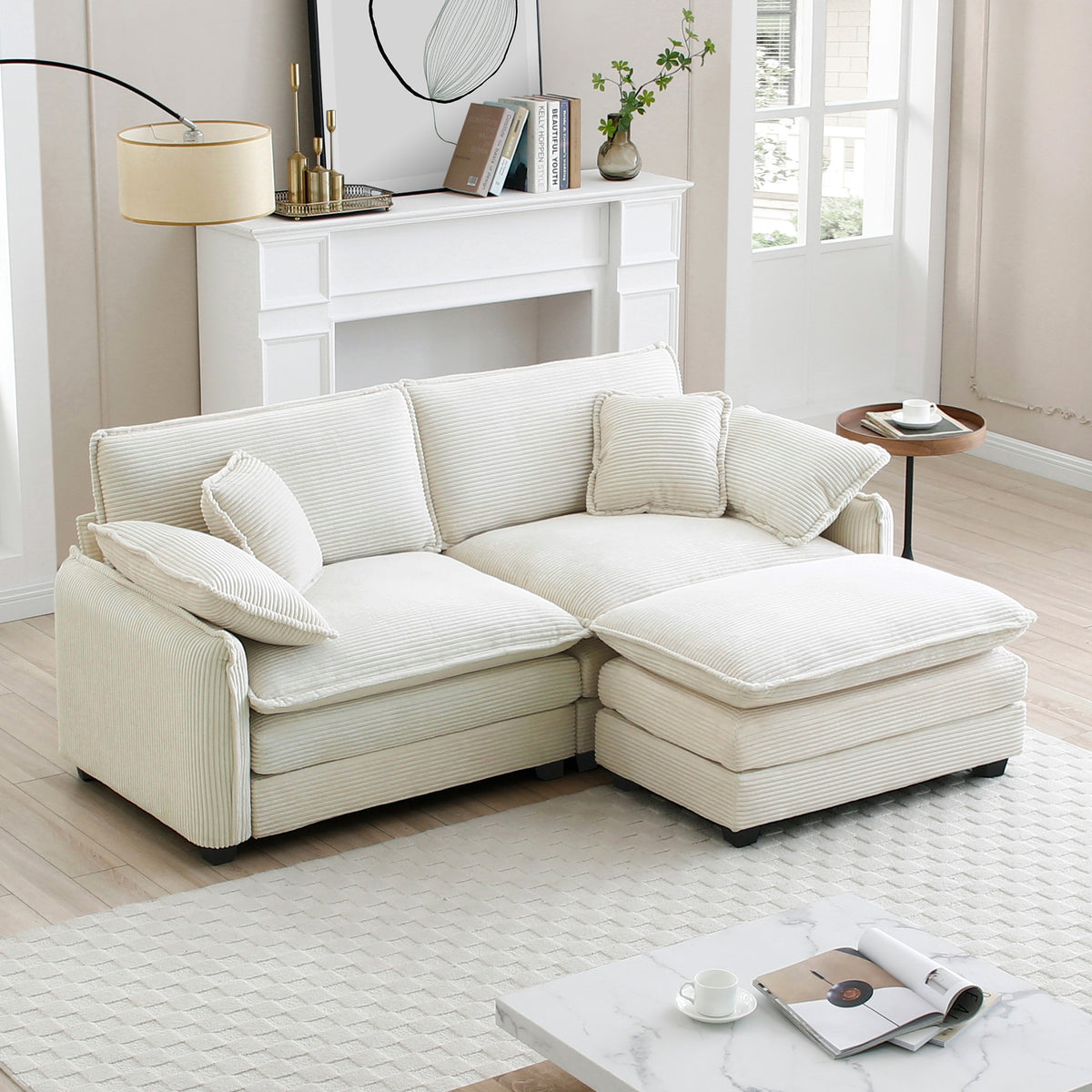 Beige Corduroy L-Shaped Sectional Couch with Ottoman