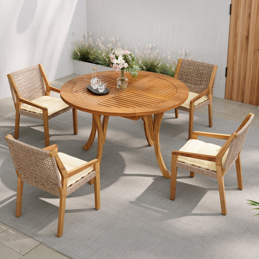 Round Outdoor Dining Set for 4 – Wicker Chairs with Acacia Wood Table
