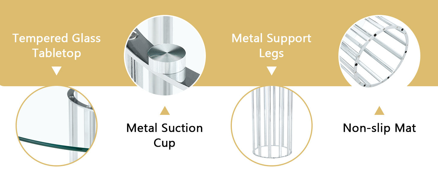 Feature graphic labeling the tempered glass top, metal suction cup, support legs, and non-slip mat.